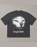 Washed black heavyweight tee with a large faded cat face and the word ibuprofen printed below it