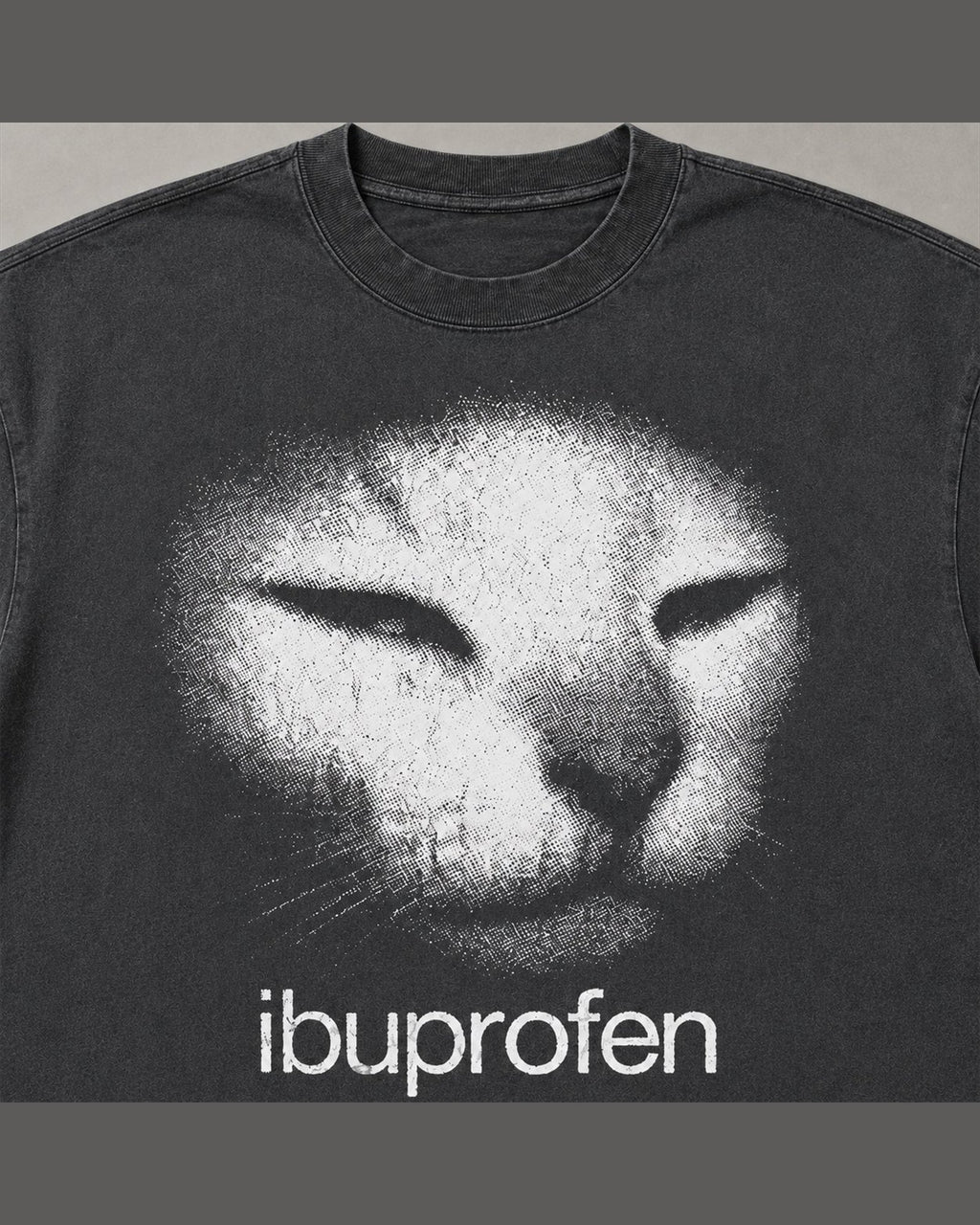 Close-up of the screen printed IBUPROFEN graphic on heavyweight cotton