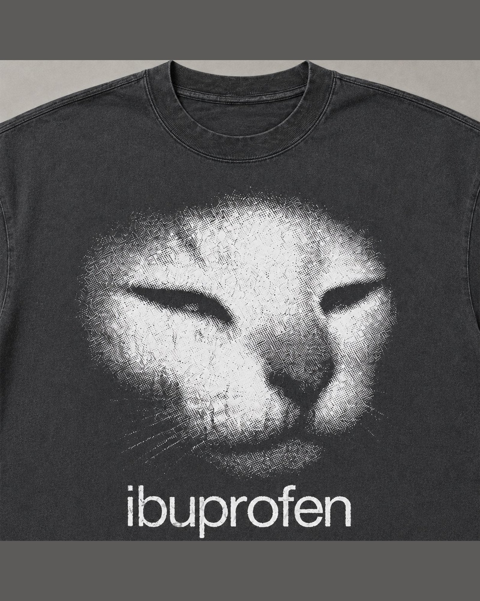 Close-up of the screen printed IBUPROFEN graphic on heavyweight cotton