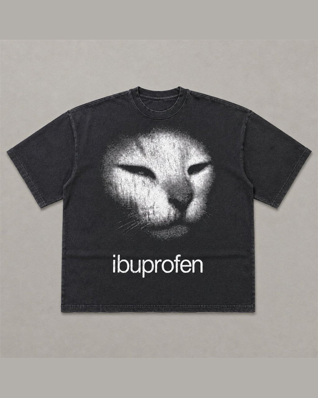 IBUPROFEN heavyweight tee laid flat in Washed Black