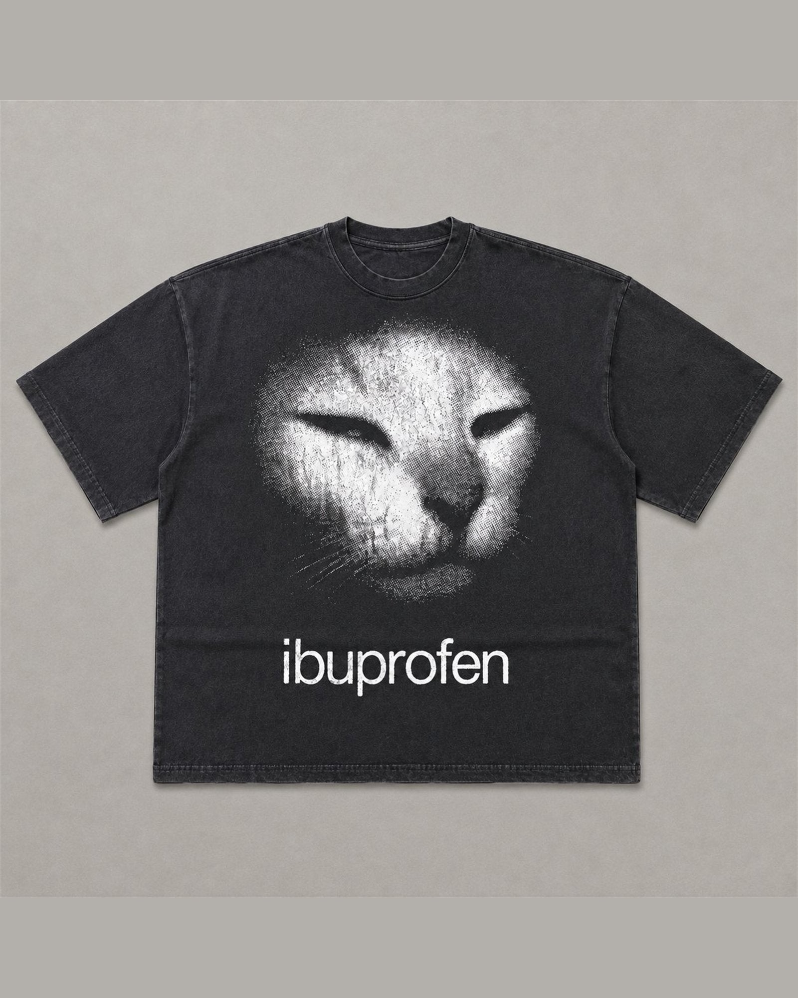 IBUPROFEN heavyweight tee laid flat in Washed Black