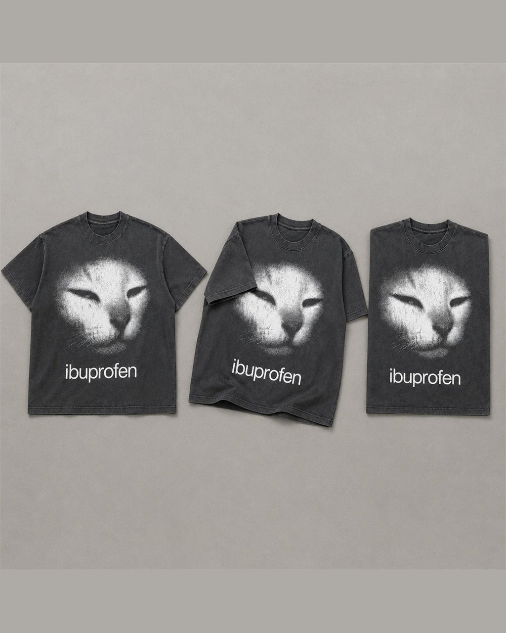 Three IBUPROFEN tees shown together in Washed Black