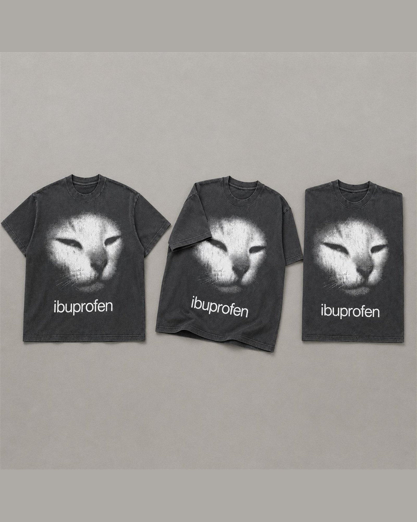 Three IBUPROFEN tees shown together in Washed Black