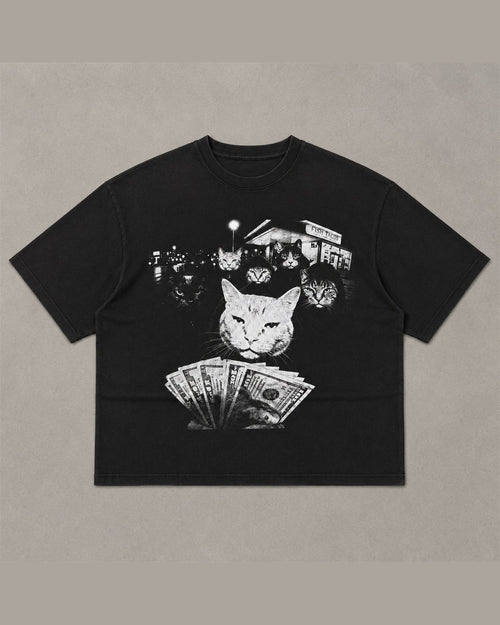 Washed black heavyweight tee with a black and white photo print of cats holding cash outside a fish taco stand at night