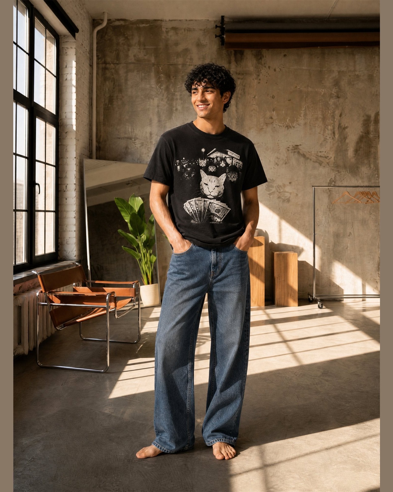 Man wearing the CAT MAFIA heavyweight boxy tee in Washed Black