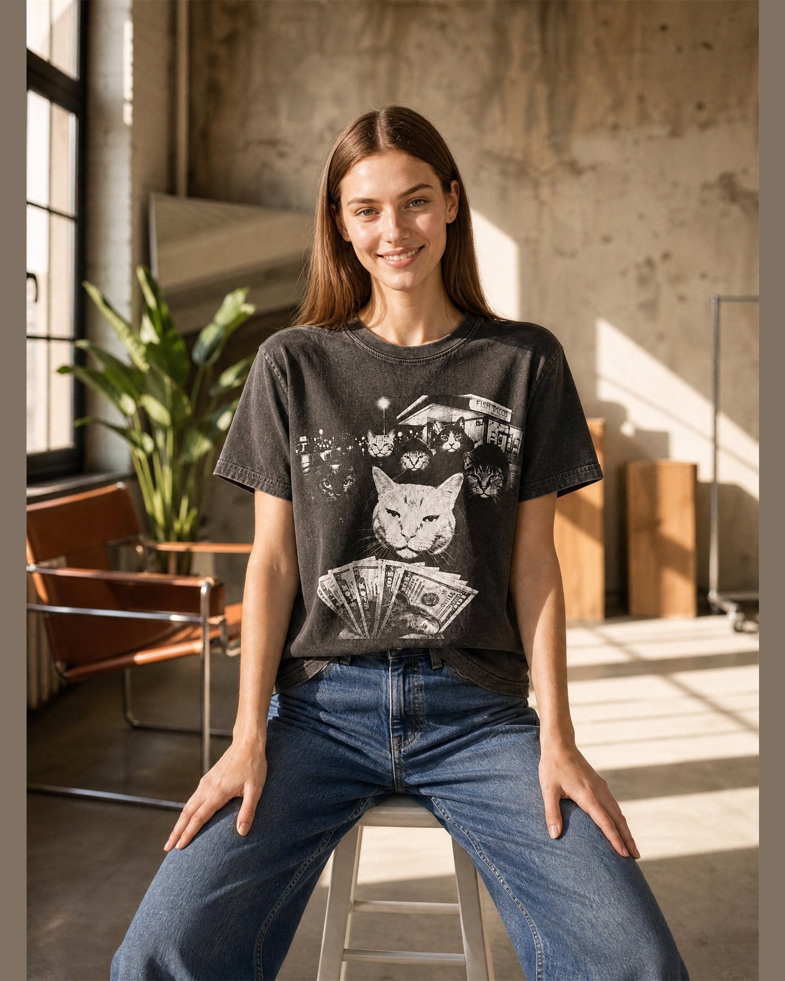 Woman wearing the CAT MAFIA heavyweight boxy tee in Washed Black