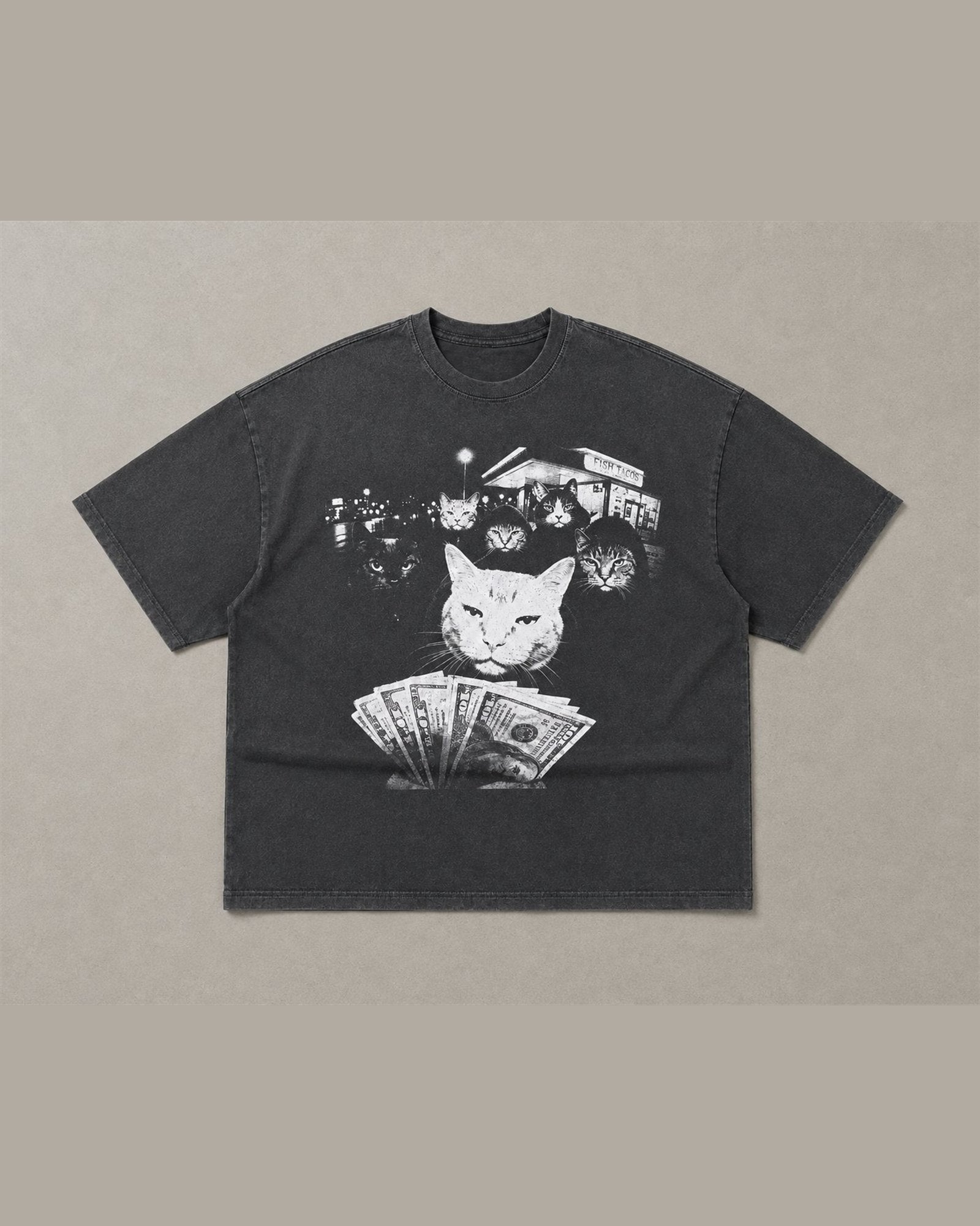 CAT MAFIA heavyweight tee laid flat in Washed Black