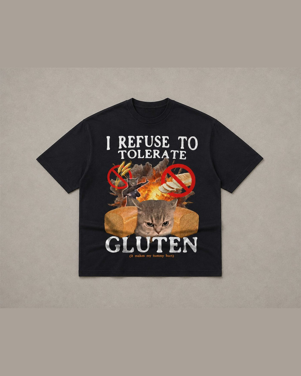 Black heavyweight tee reading I REFUSE TO TOLERATE GLUTEN over a cat sitting inside a loaf of bread with crossed-out wheat symbols