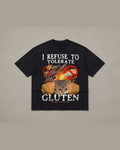 Black heavyweight tee reading I REFUSE TO TOLERATE GLUTEN over a cat sitting inside a loaf of bread with crossed-out wheat symbols