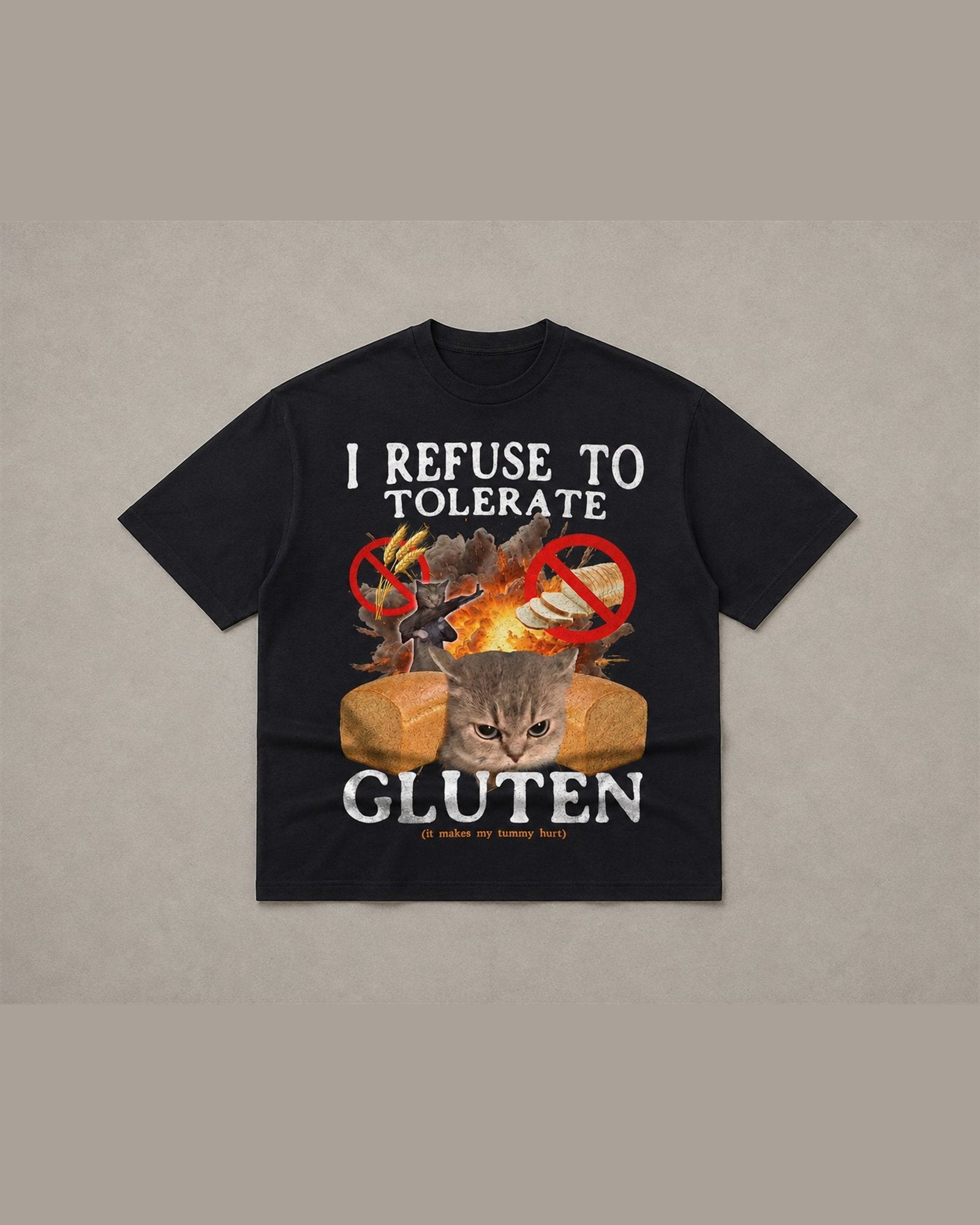 Black heavyweight tee reading I REFUSE TO TOLERATE GLUTEN over a cat sitting inside a loaf of bread with crossed-out wheat symbols
