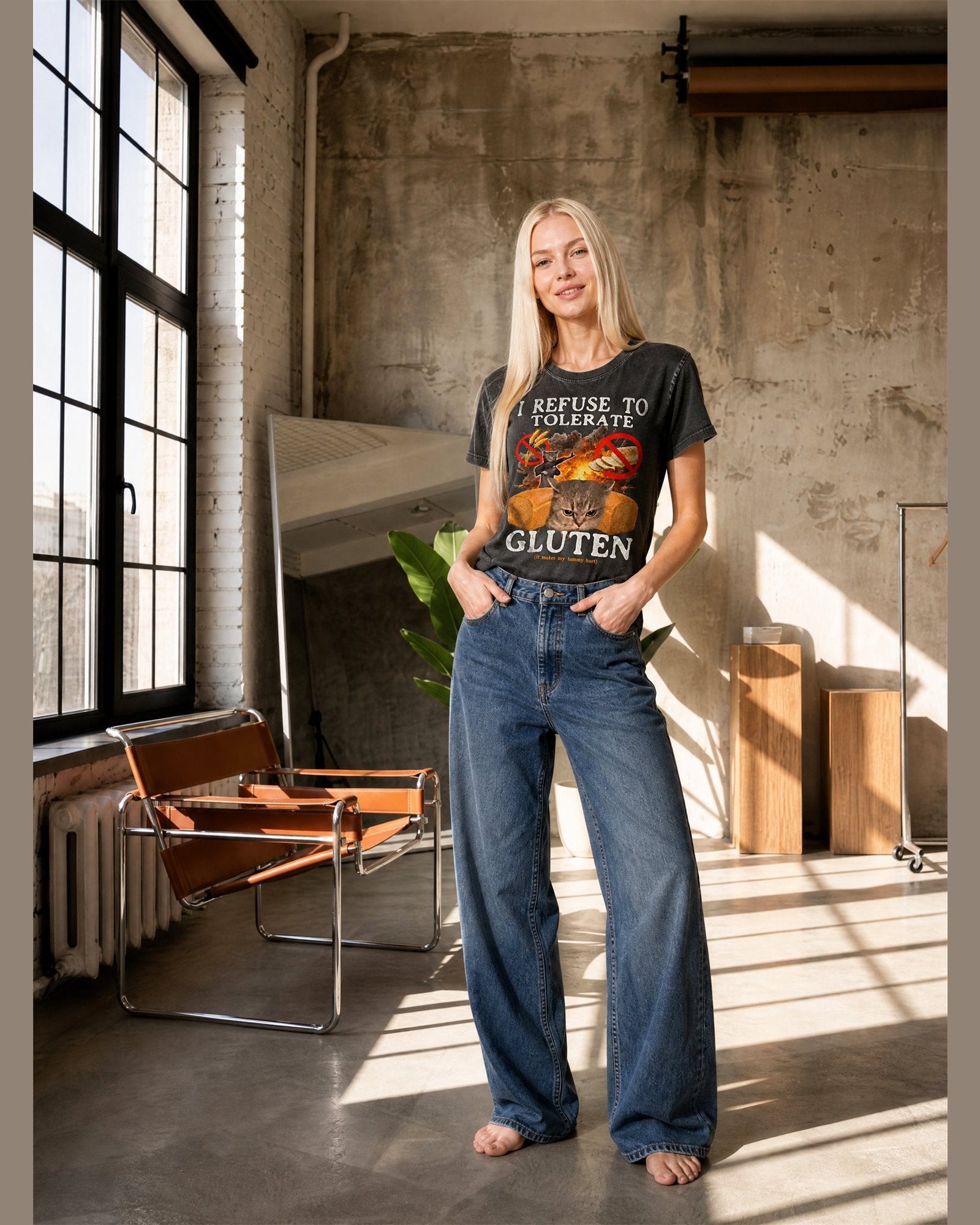 Woman wearing the I REFUSE TO TOLERATE GLUTEN heavyweight boxy tee in Black