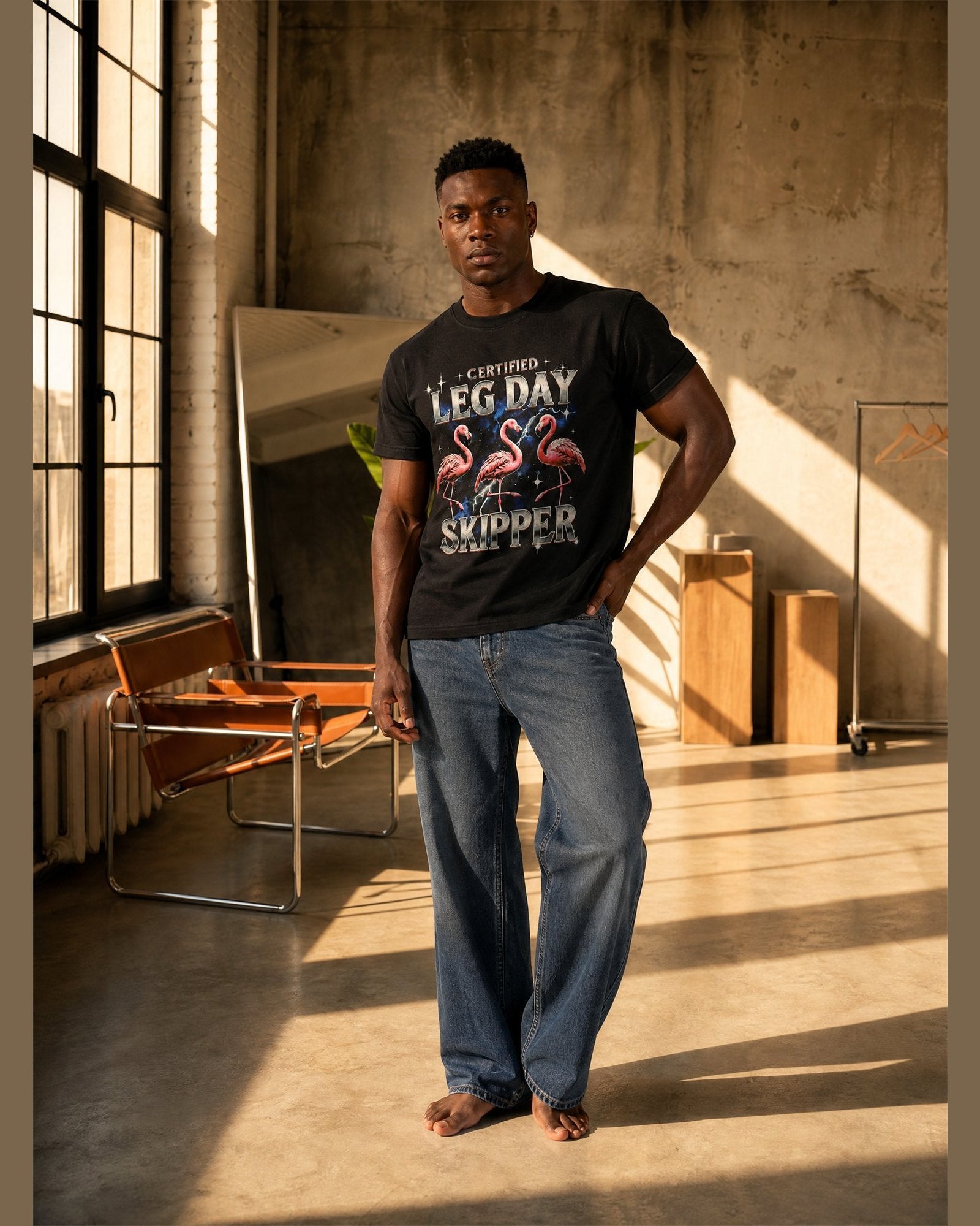 Man wearing the CERTIFIED LEG DAY SKIPPER heavyweight boxy tee in Black