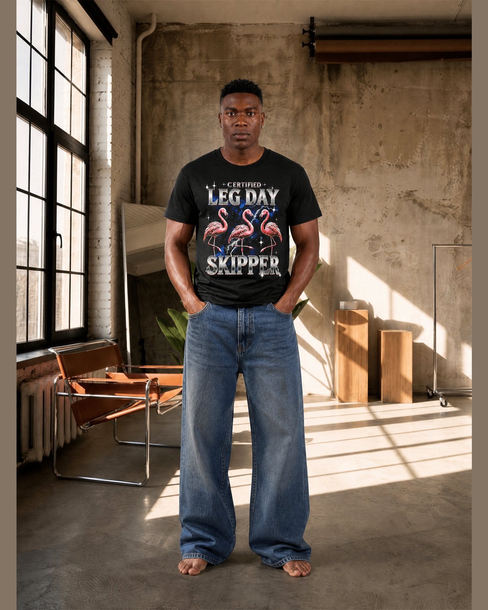 Man wearing the CERTIFIED LEG DAY SKIPPER heavyweight boxy tee in Black