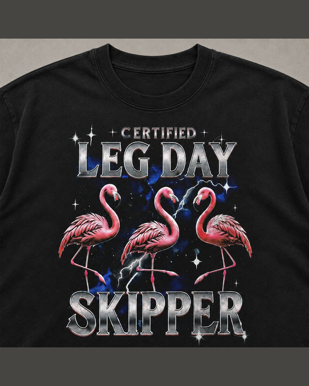 Close-up of the screen printed CERTIFIED LEG DAY SKIPPER graphic on heavyweight cotton