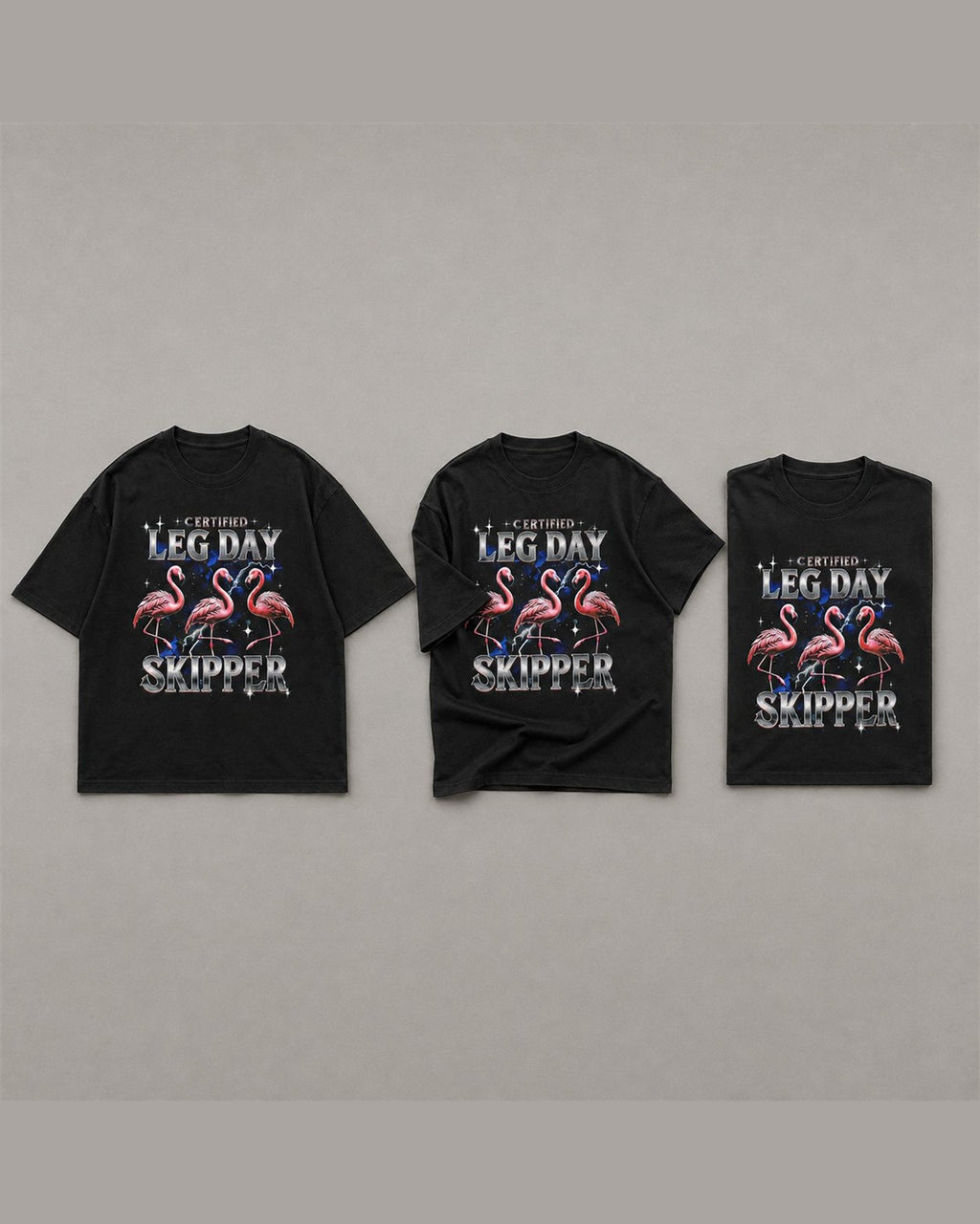 Three CERTIFIED LEG DAY SKIPPER tees shown together in Black