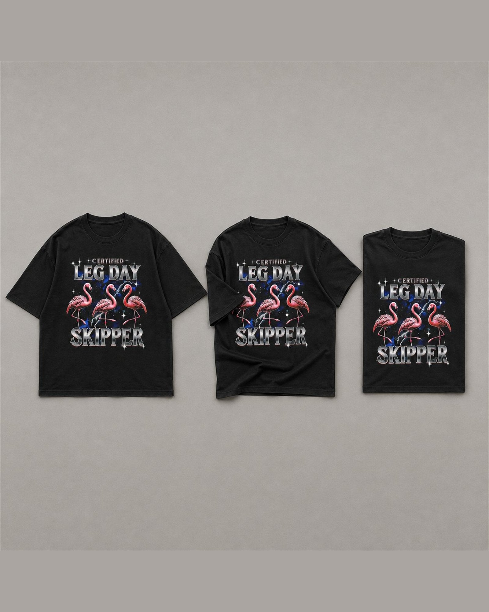 Three CERTIFIED LEG DAY SKIPPER tees shown together in Black