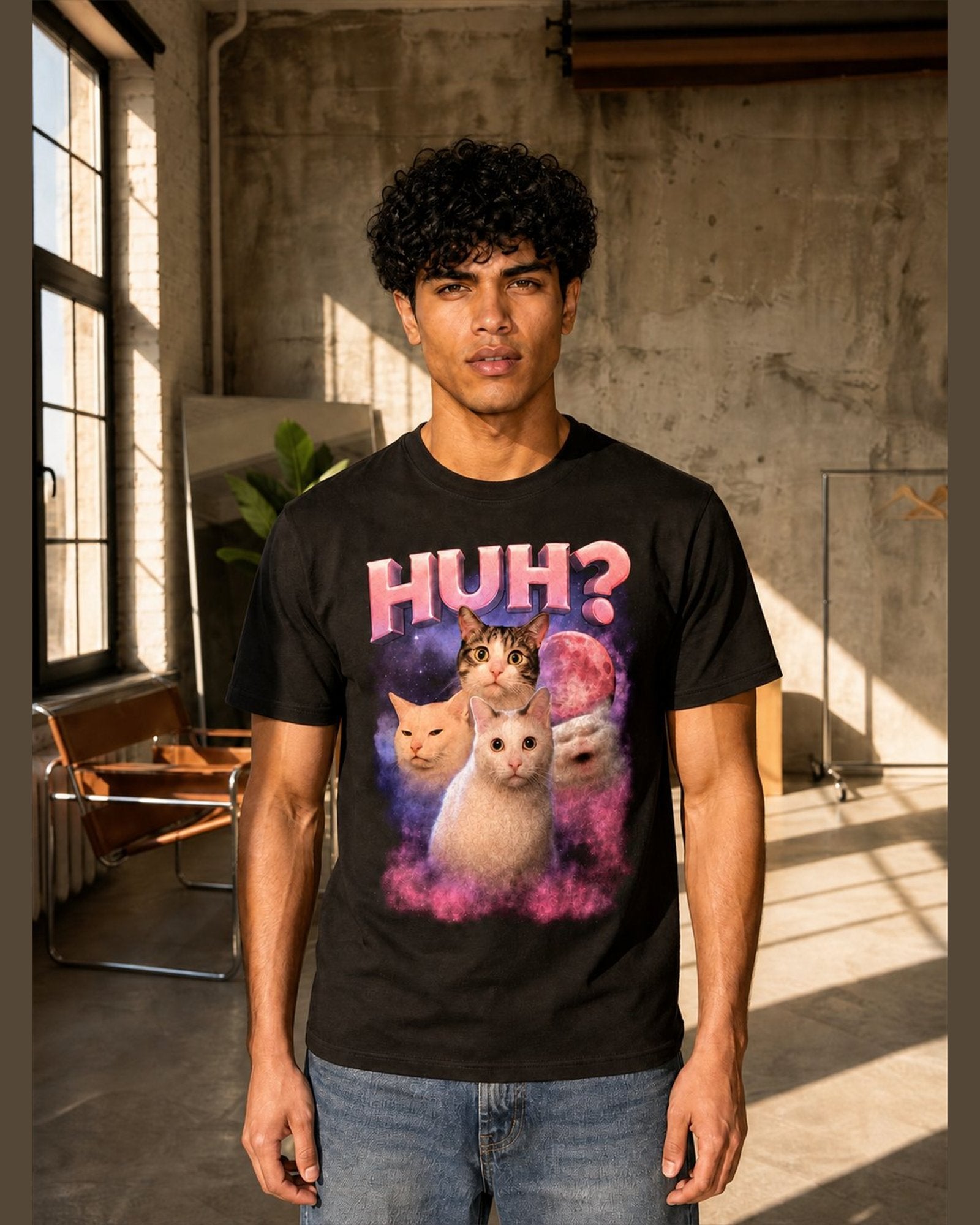 Man wearing the HUH? heavyweight boxy tee in Black