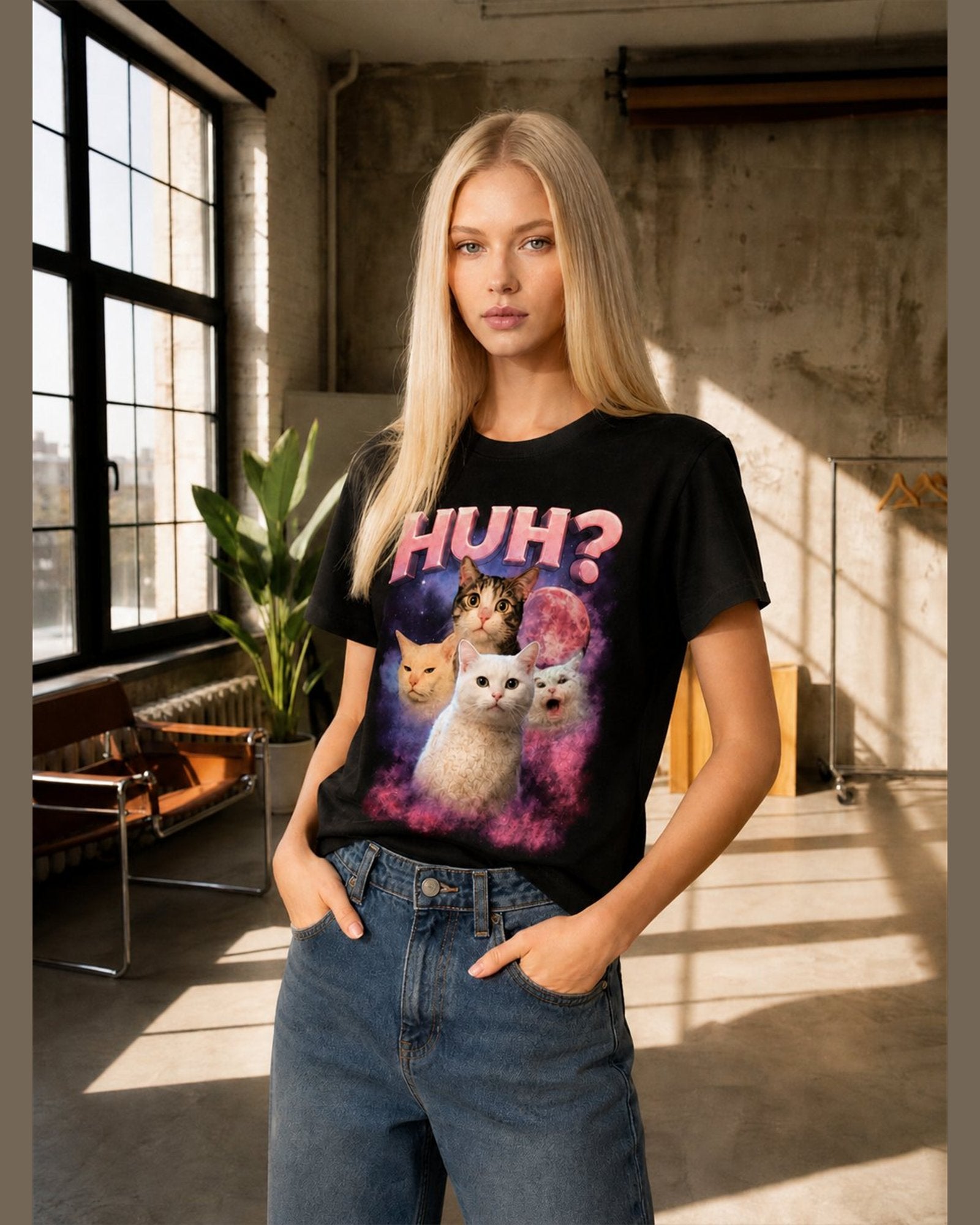 Woman wearing the HUH? heavyweight boxy tee in Black