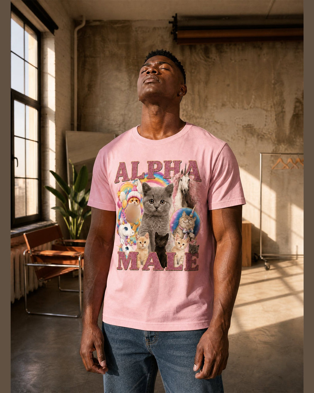 Man wearing the ALPHA MALE heavyweight boxy tee in Pink