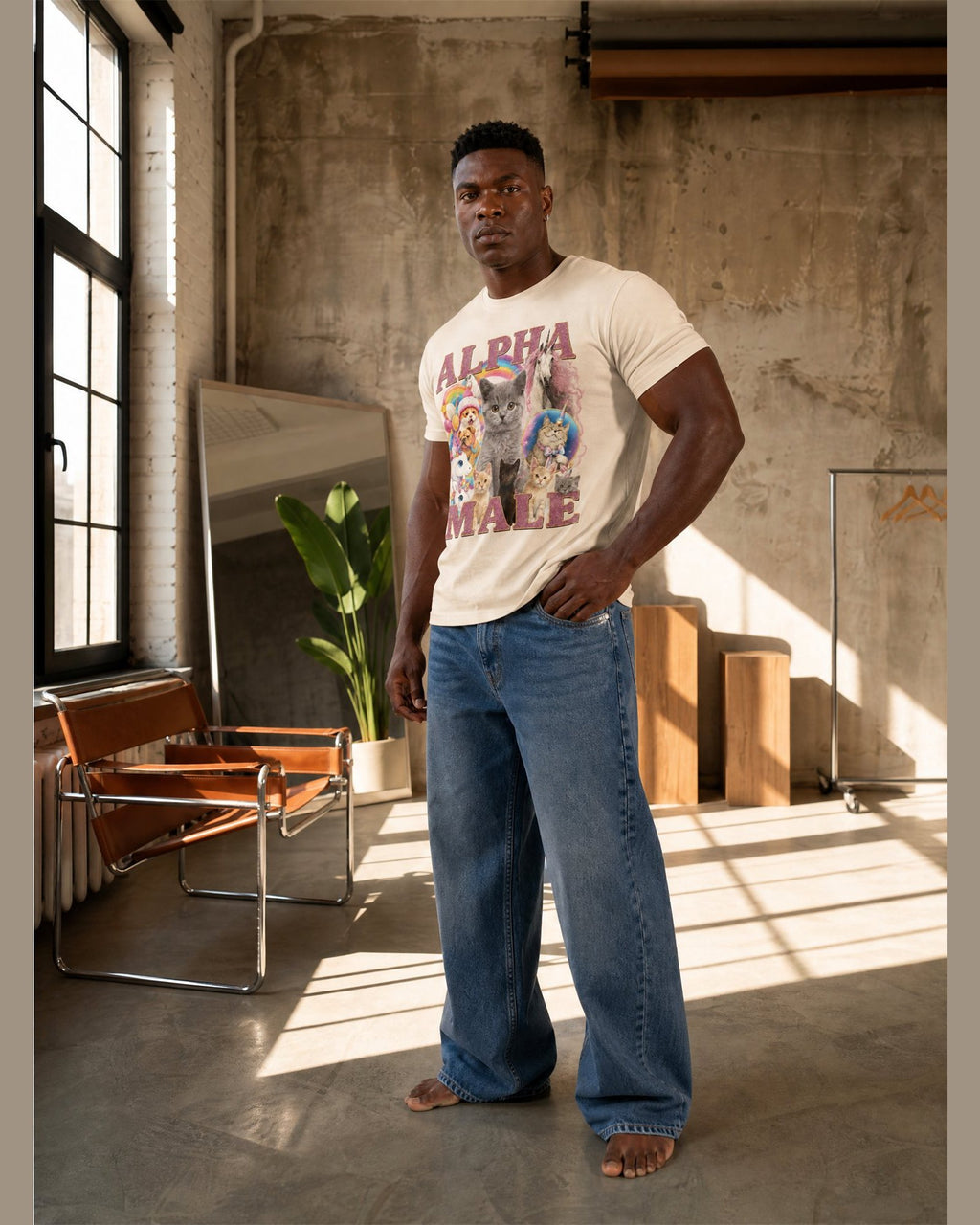 Man wearing the ALPHA MALE heavyweight boxy tee in Cream