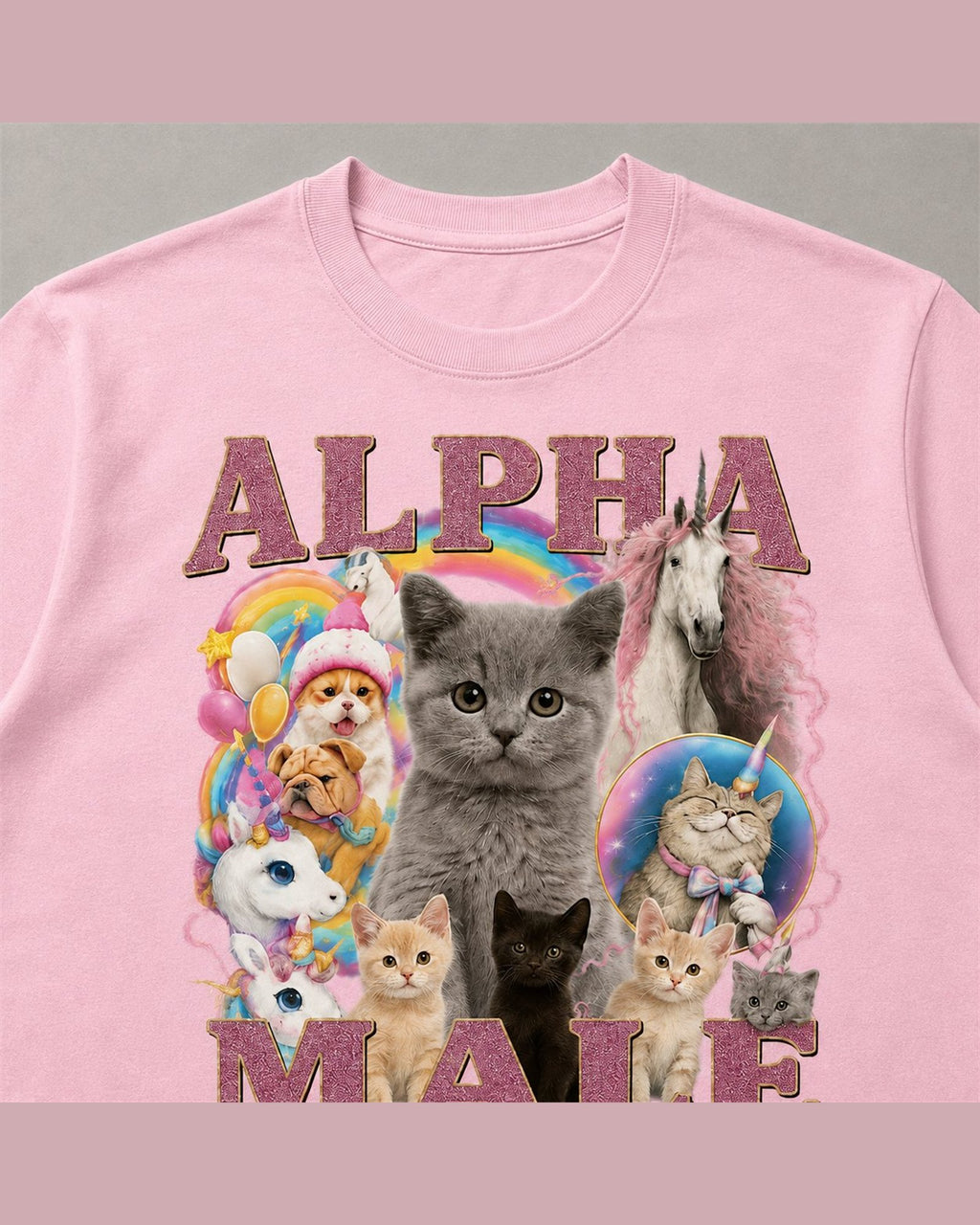 Close-up of the screen printed ALPHA MALE graphic on heavyweight cotton