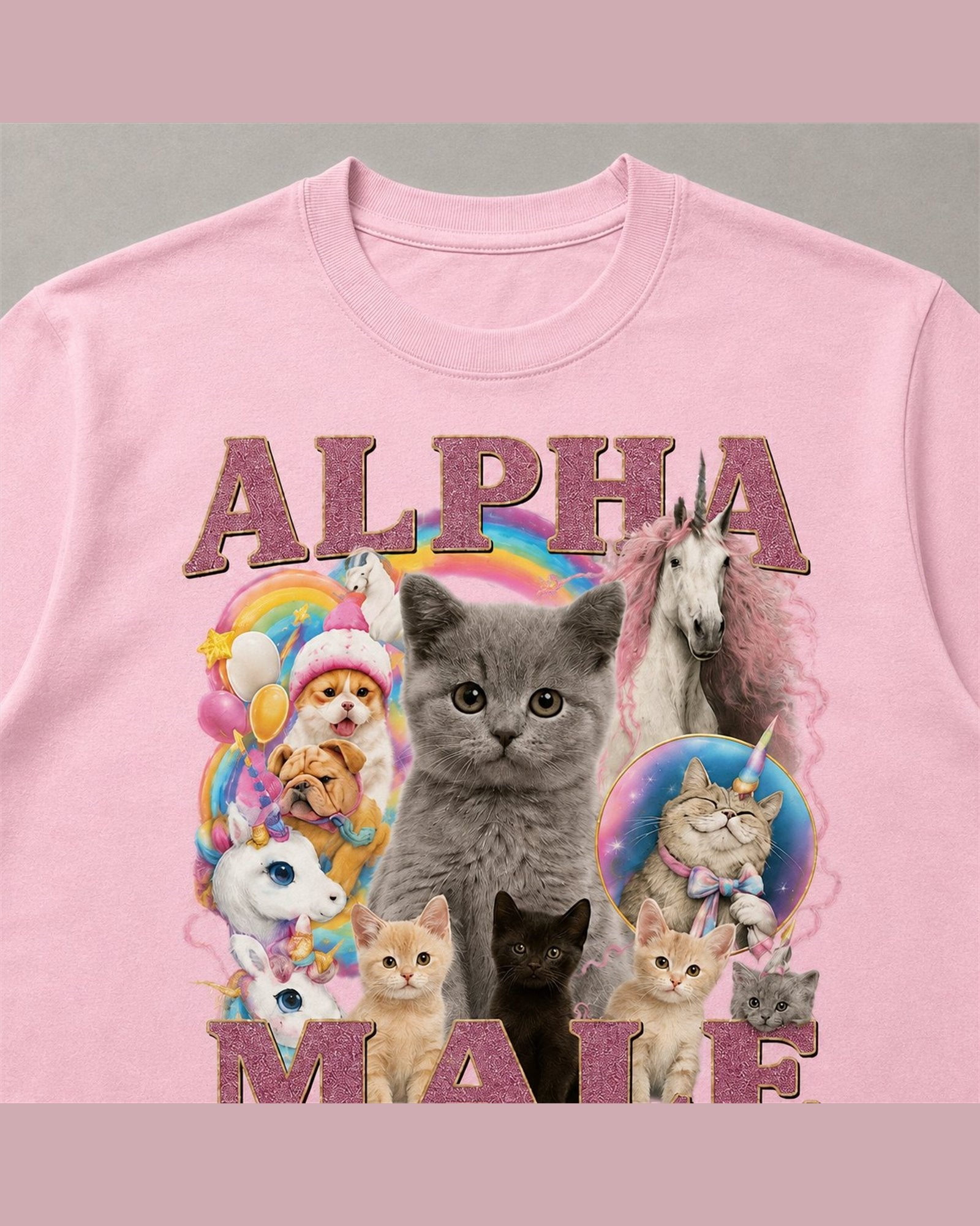 Close-up of the screen printed ALPHA MALE graphic on heavyweight cotton