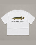 White heavyweight tee with a photographic northern pike printed across the chest above the words MI BOMBOCLAT in plain black type