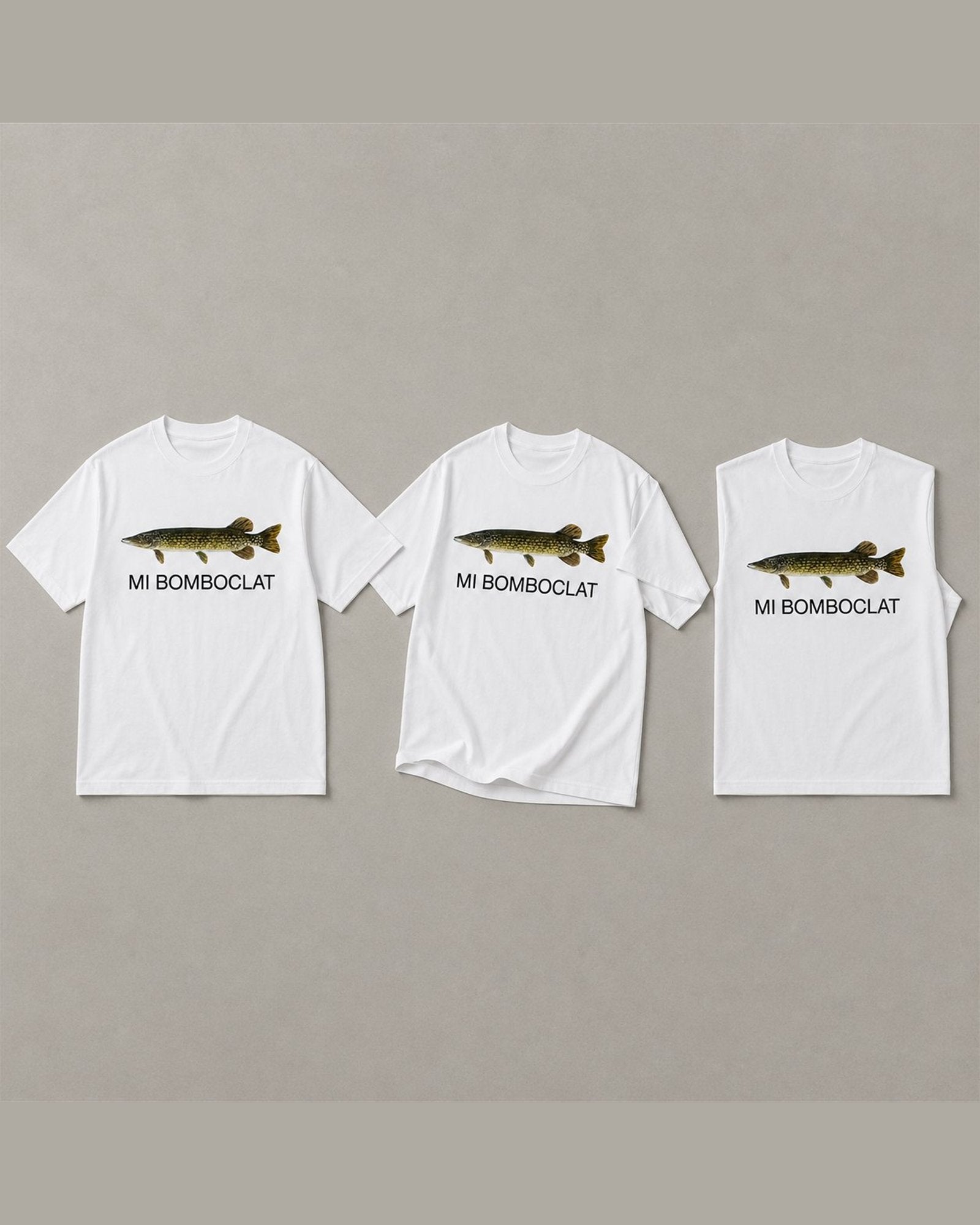 Three MI BOMBOCLAT tees shown together in White
