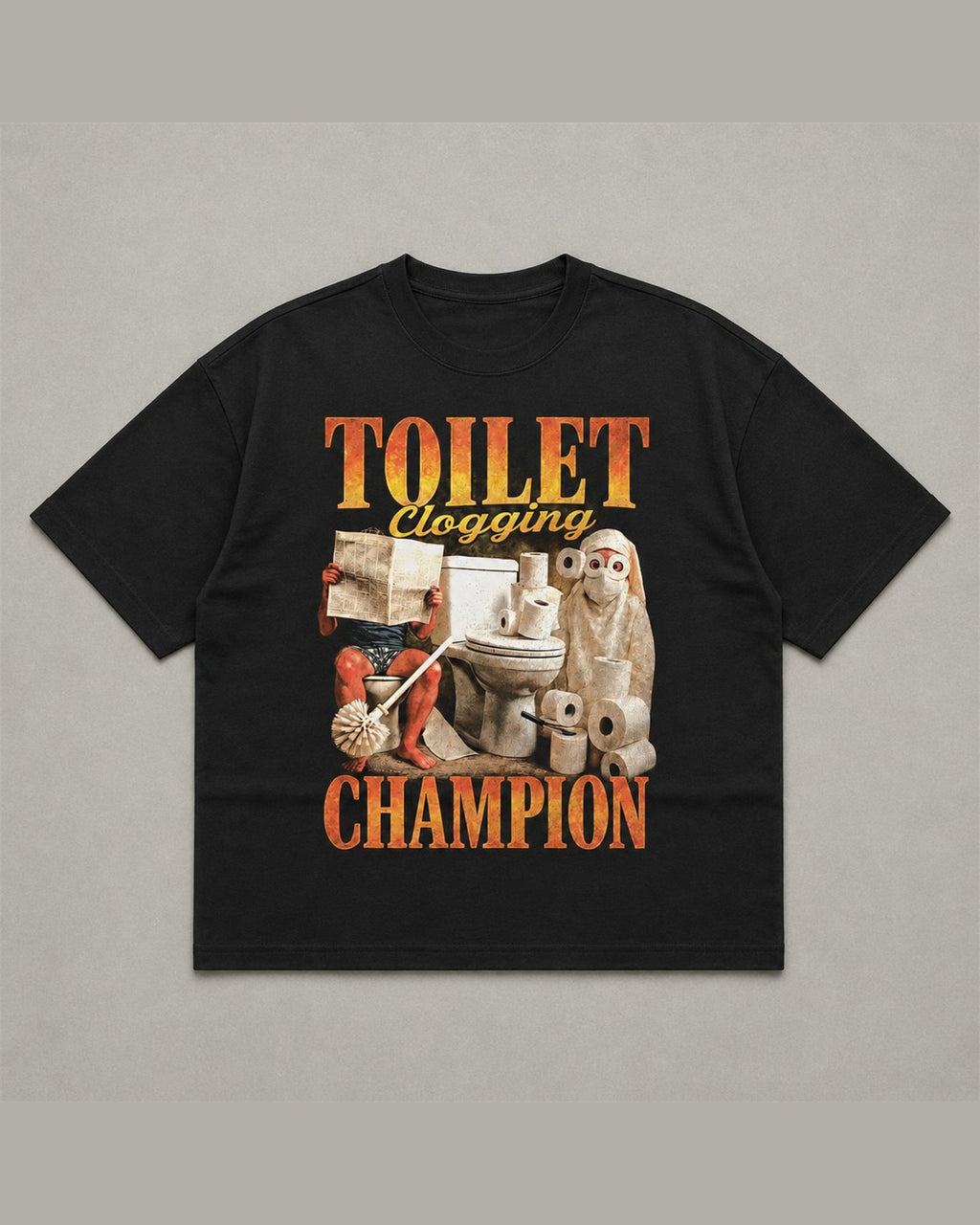 Black heavyweight tee reading TOILET CLOGGING CHAMPION in orange flame lettering around a bootleg collage of a toilet, rolls of paper and a plunger