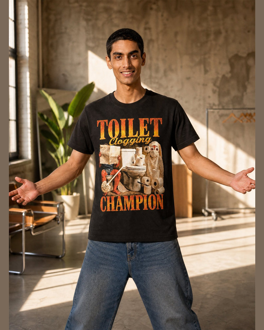 Man wearing the TOILET CLOGGING CHAMPION heavyweight boxy tee in Black
