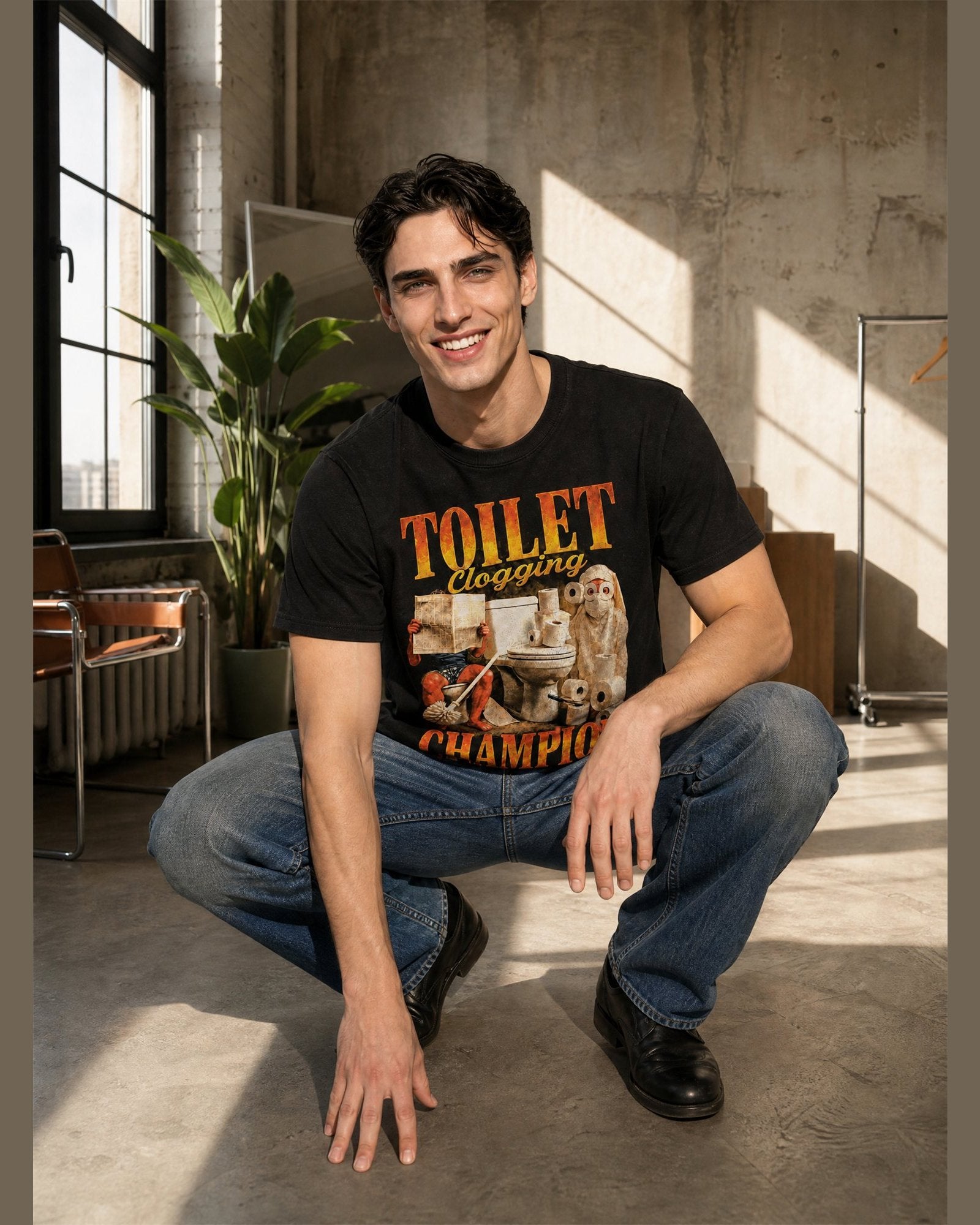 Man wearing the TOILET CLOGGING CHAMPION heavyweight boxy tee in Black