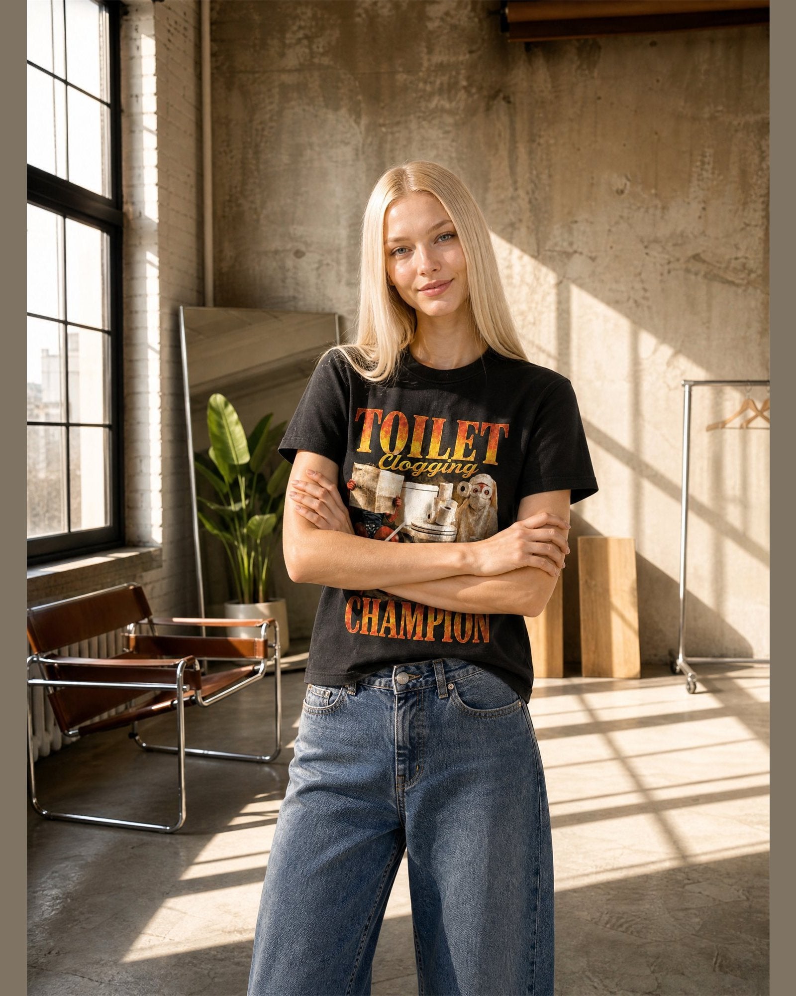 Woman wearing the TOILET CLOGGING CHAMPION heavyweight boxy tee in Black