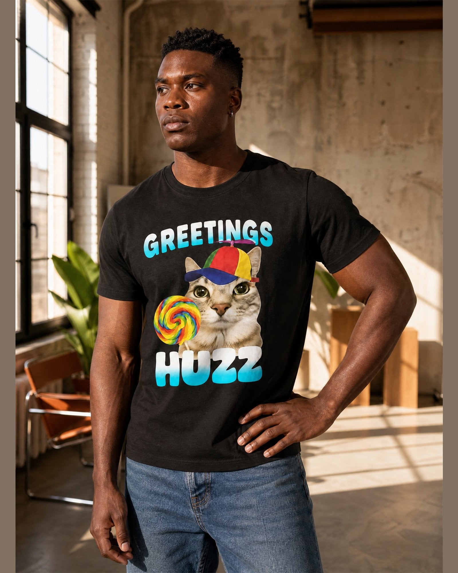 Man wearing the GREETINGS HUZZ heavyweight boxy tee in Black