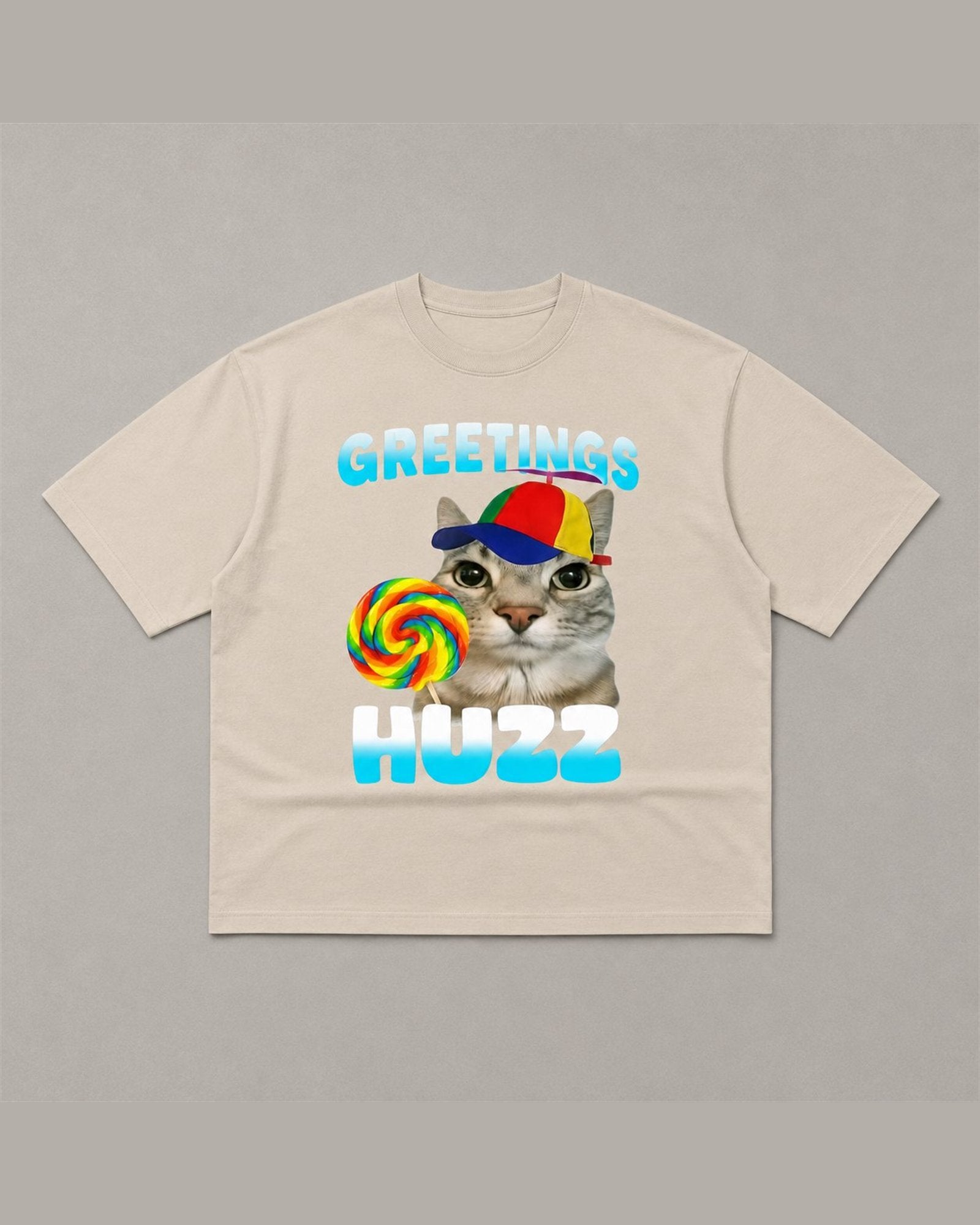 GREETINGS HUZZ heavyweight tee laid flat in Cream