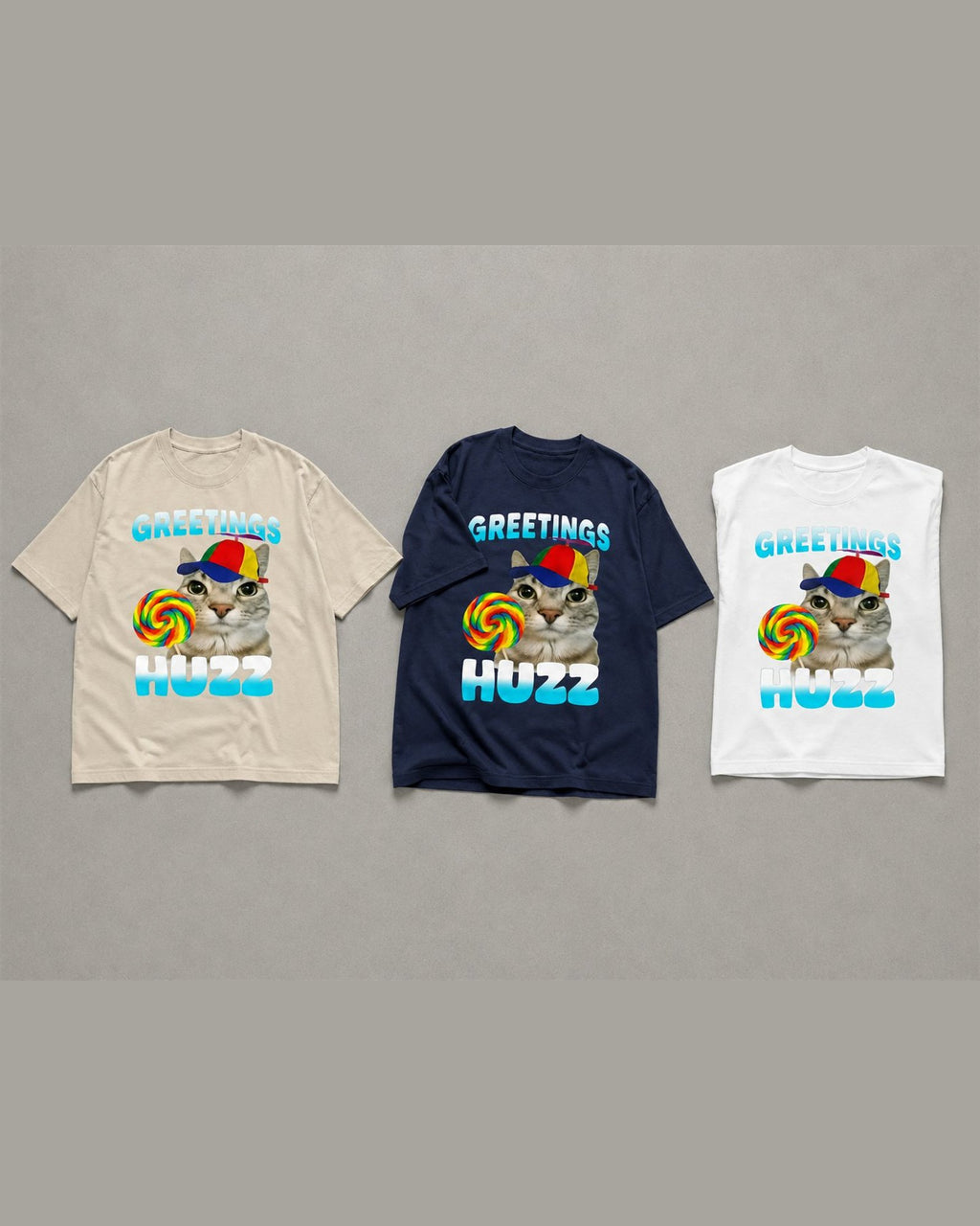 GREETINGS HUZZ tee shown in Cream/Navy/White