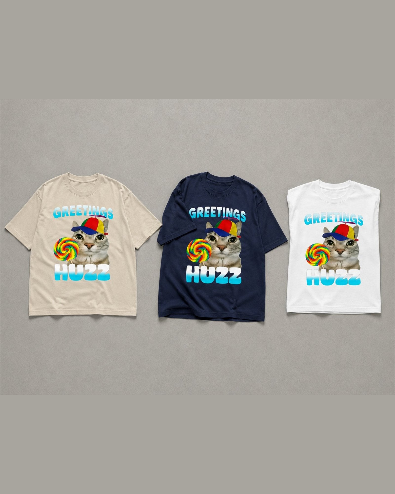 GREETINGS HUZZ tee shown in Cream/Navy/White