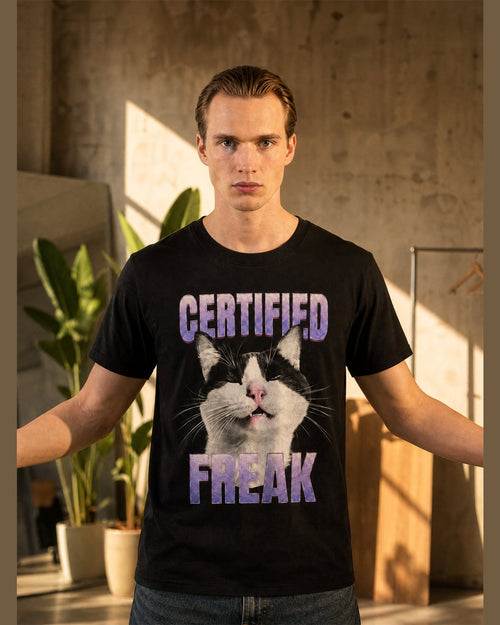 Man wearing the CERTIFIED FREAK heavyweight boxy tee in Black