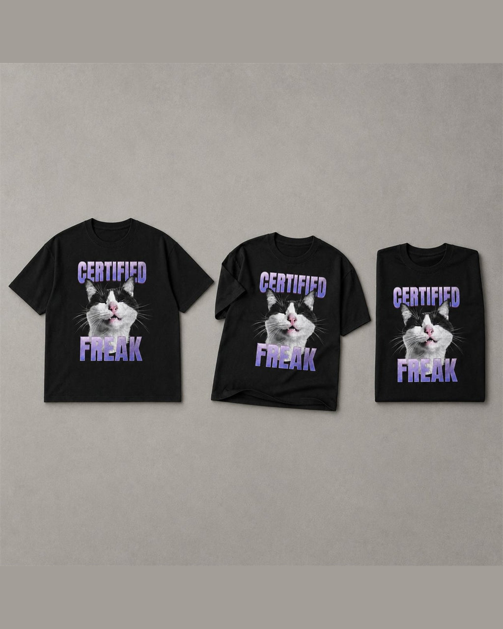 Three CERTIFIED FREAK tees shown together in Black