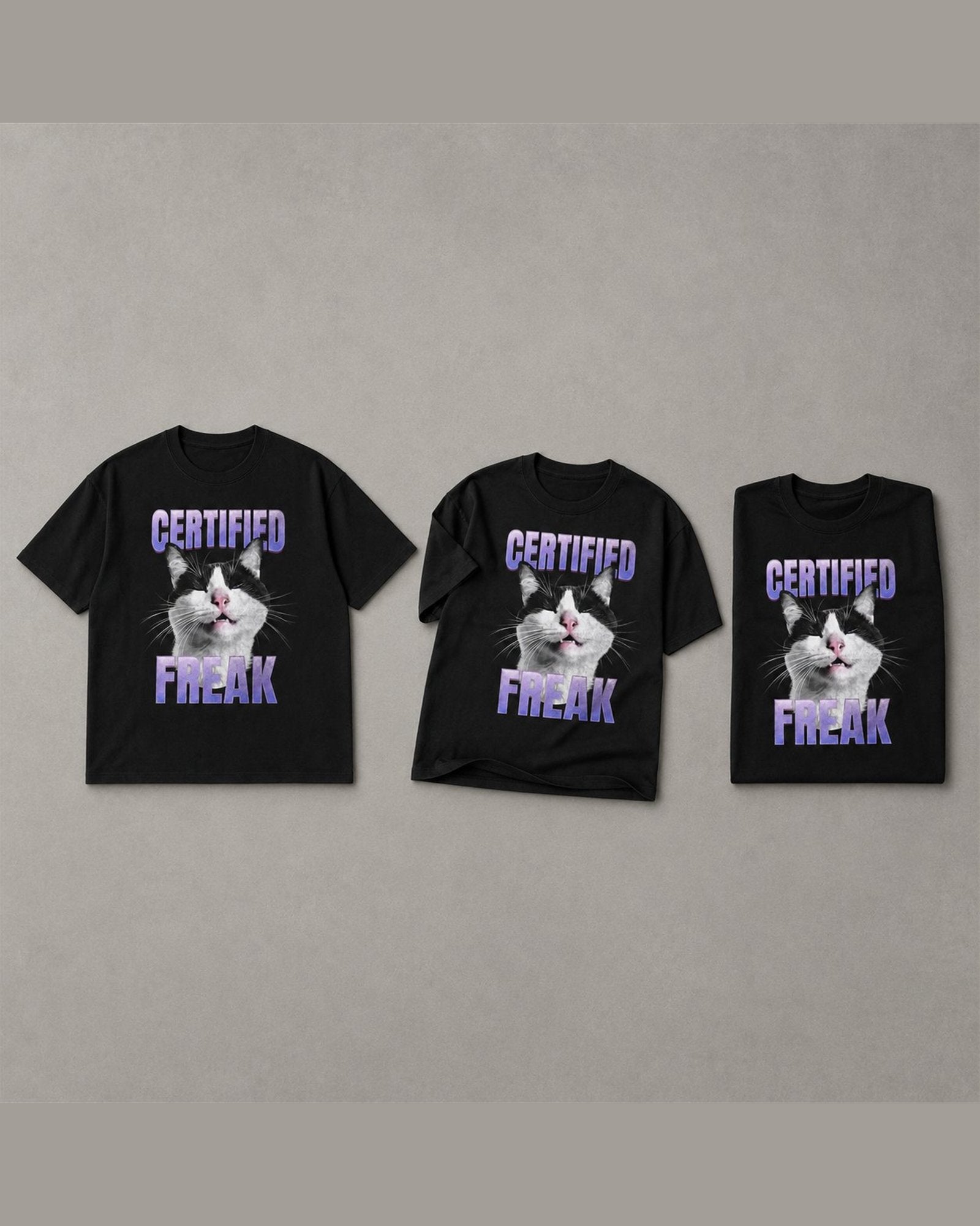 Three CERTIFIED FREAK tees shown together in Black