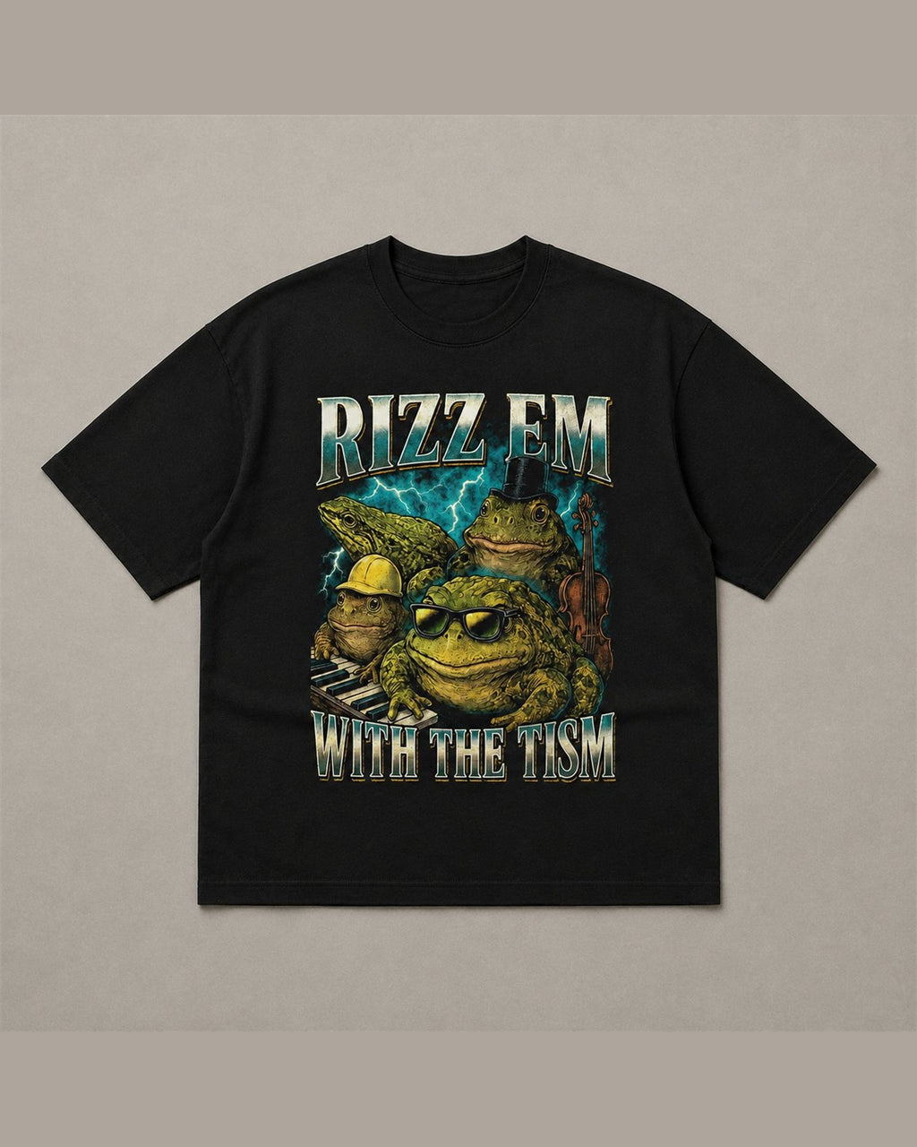 Black heavyweight tee reading RIZZ EM WITH THE TISM in blue chrome lettering around four toads wearing hats and sunglasses on a lightning background