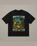 Black heavyweight tee reading RIZZ EM WITH THE TISM in blue chrome lettering around four toads wearing hats and sunglasses on a lightning background