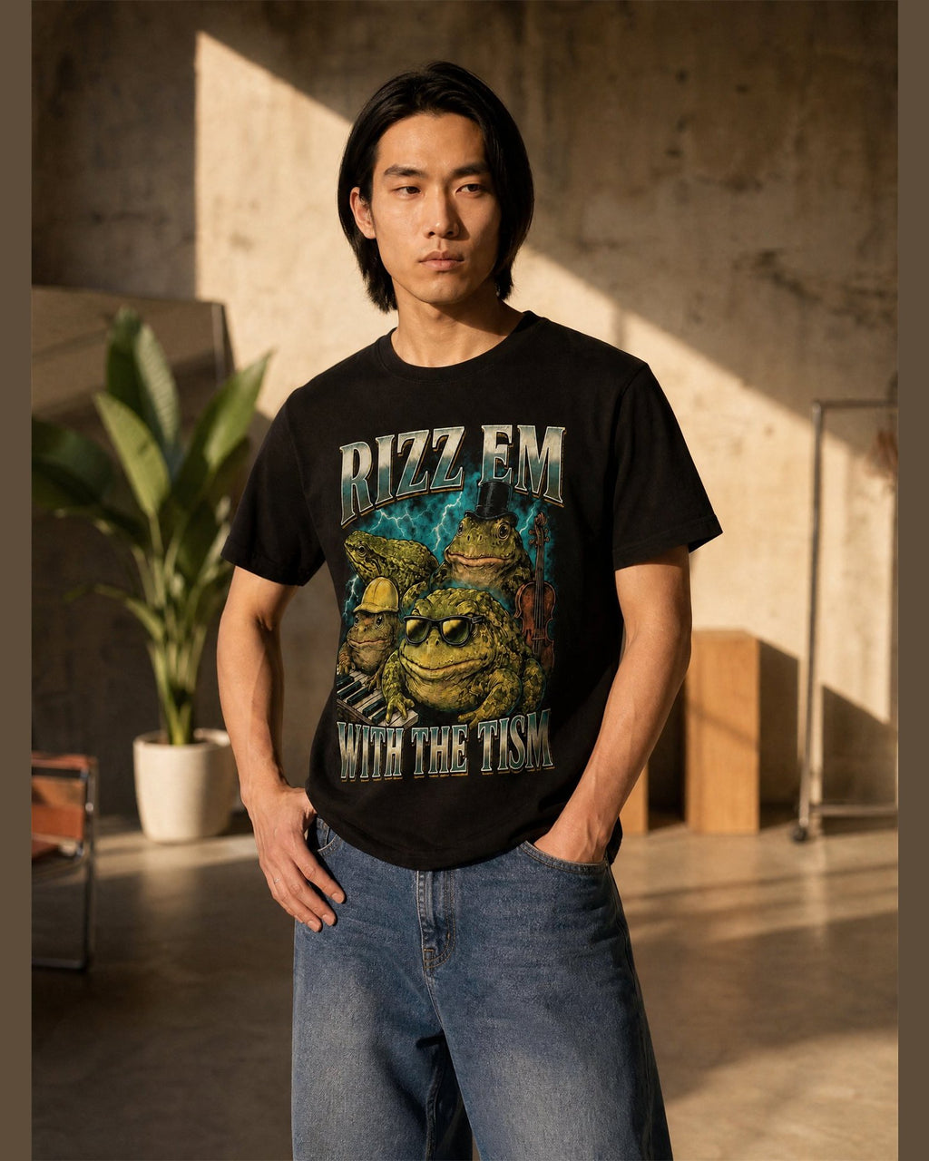 Man wearing the RIZZ EM WITH THE TISM heavyweight boxy tee in Black