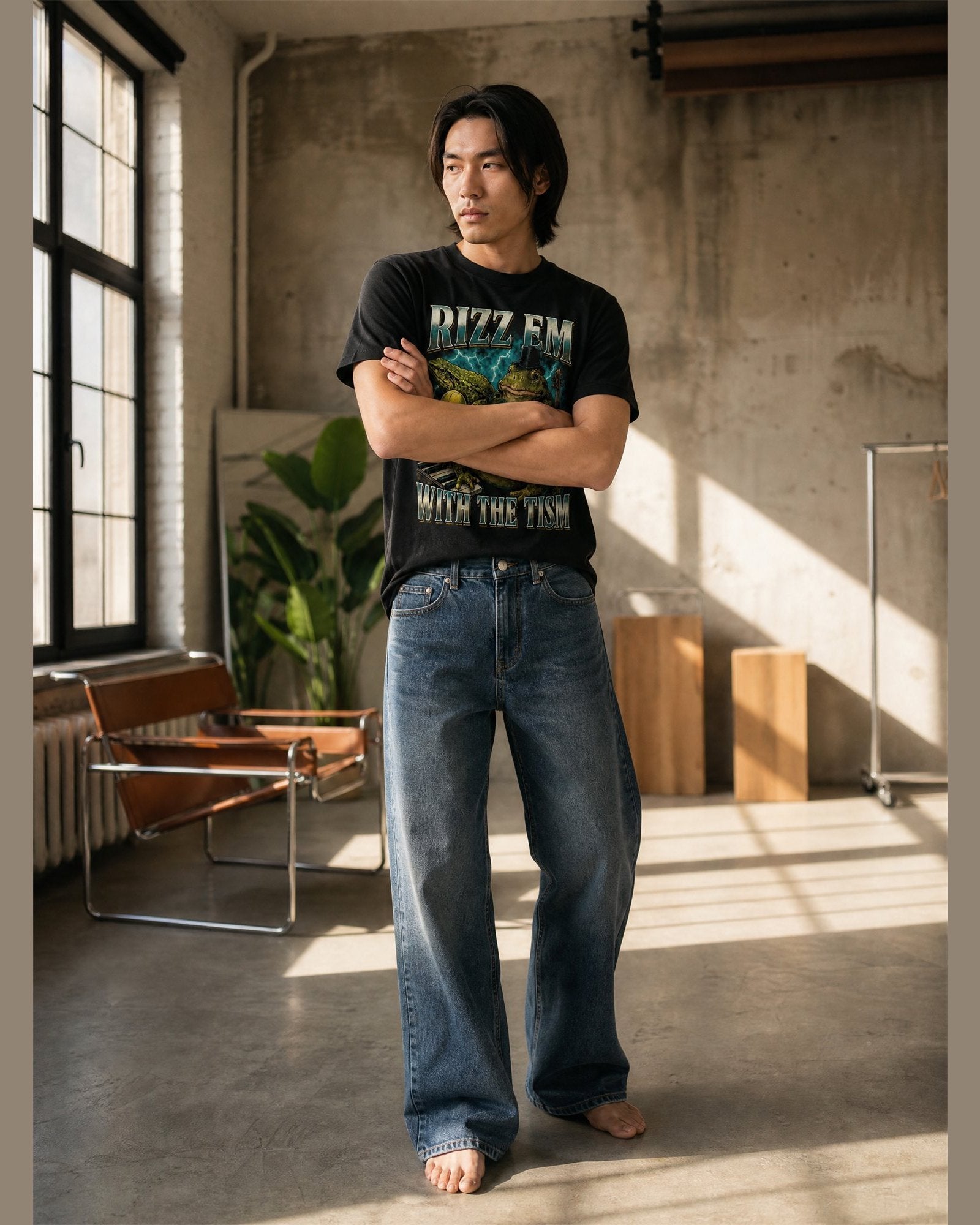 Man wearing the RIZZ EM WITH THE TISM heavyweight boxy tee in Black