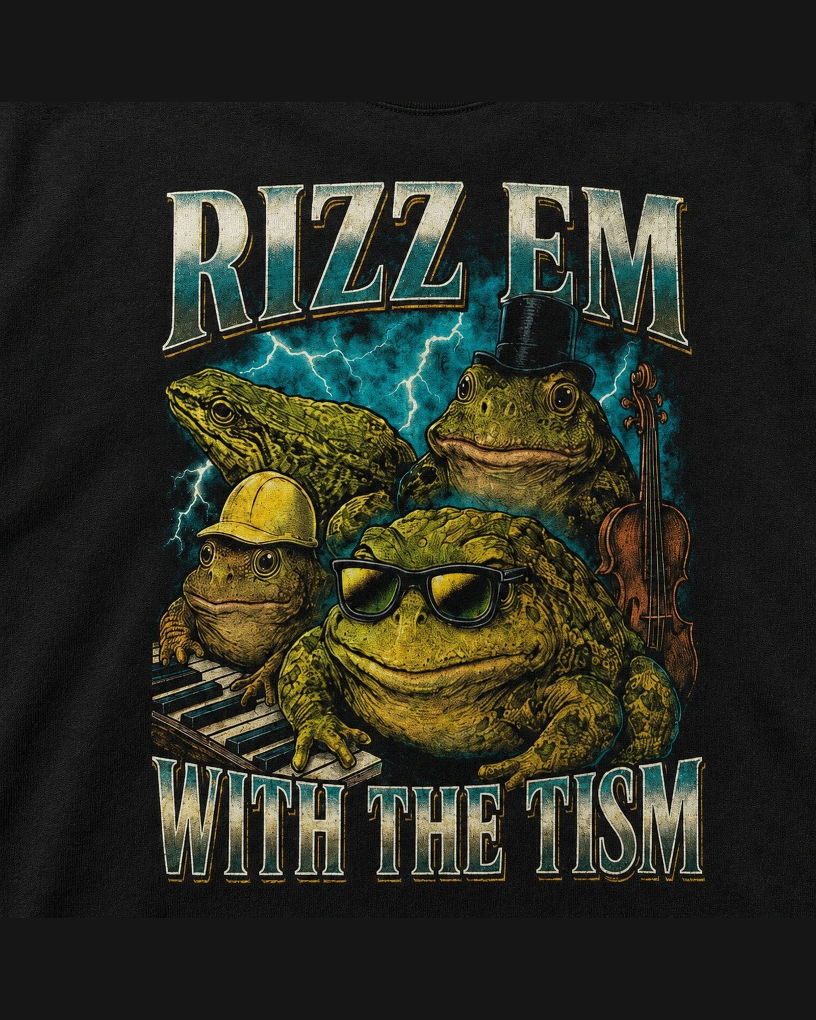 Close-up of the screen printed RIZZ EM WITH THE TISM graphic on heavyweight cotton