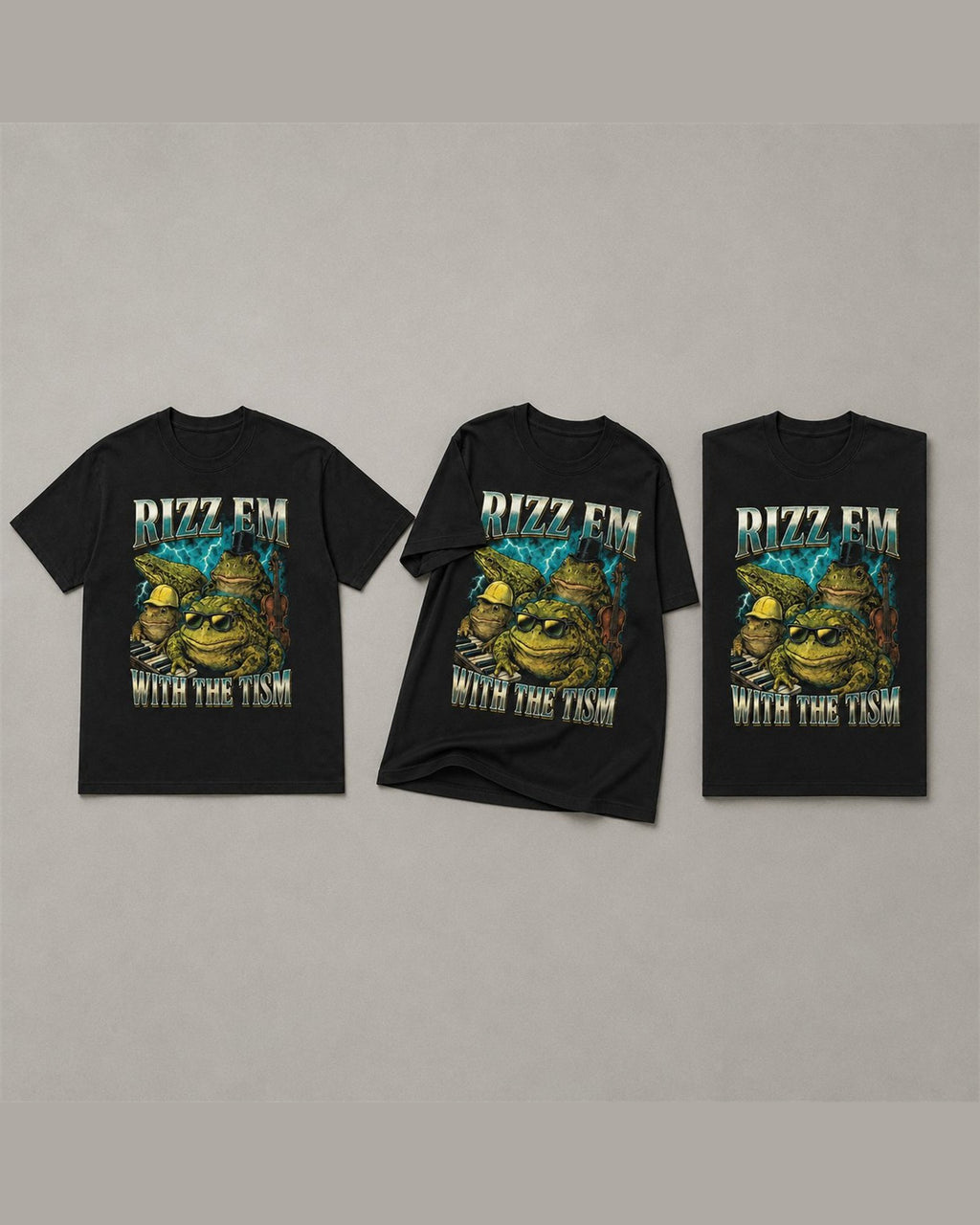 Three RIZZ EM WITH THE TISM tees shown together in Black