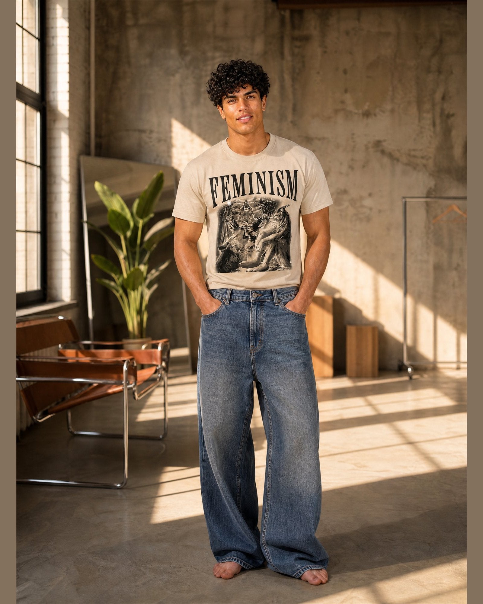 Man wearing the FEMINISM heavyweight boxy tee in Cream