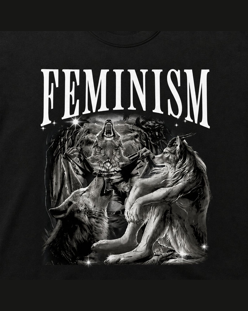 Close-up of the screen printed FEMINISM graphic on heavyweight cotton
