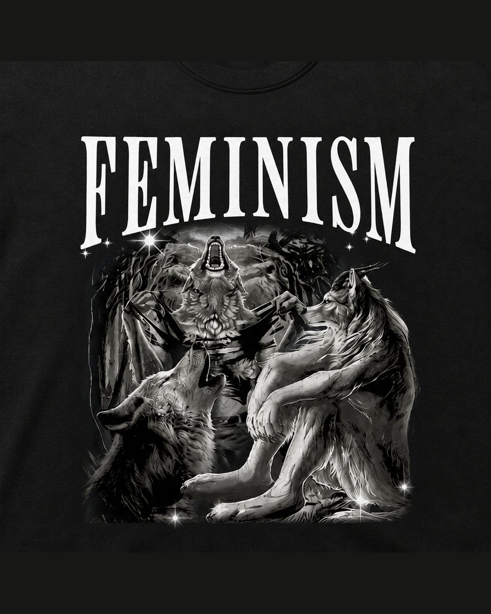Close-up of the screen printed FEMINISM graphic on heavyweight cotton