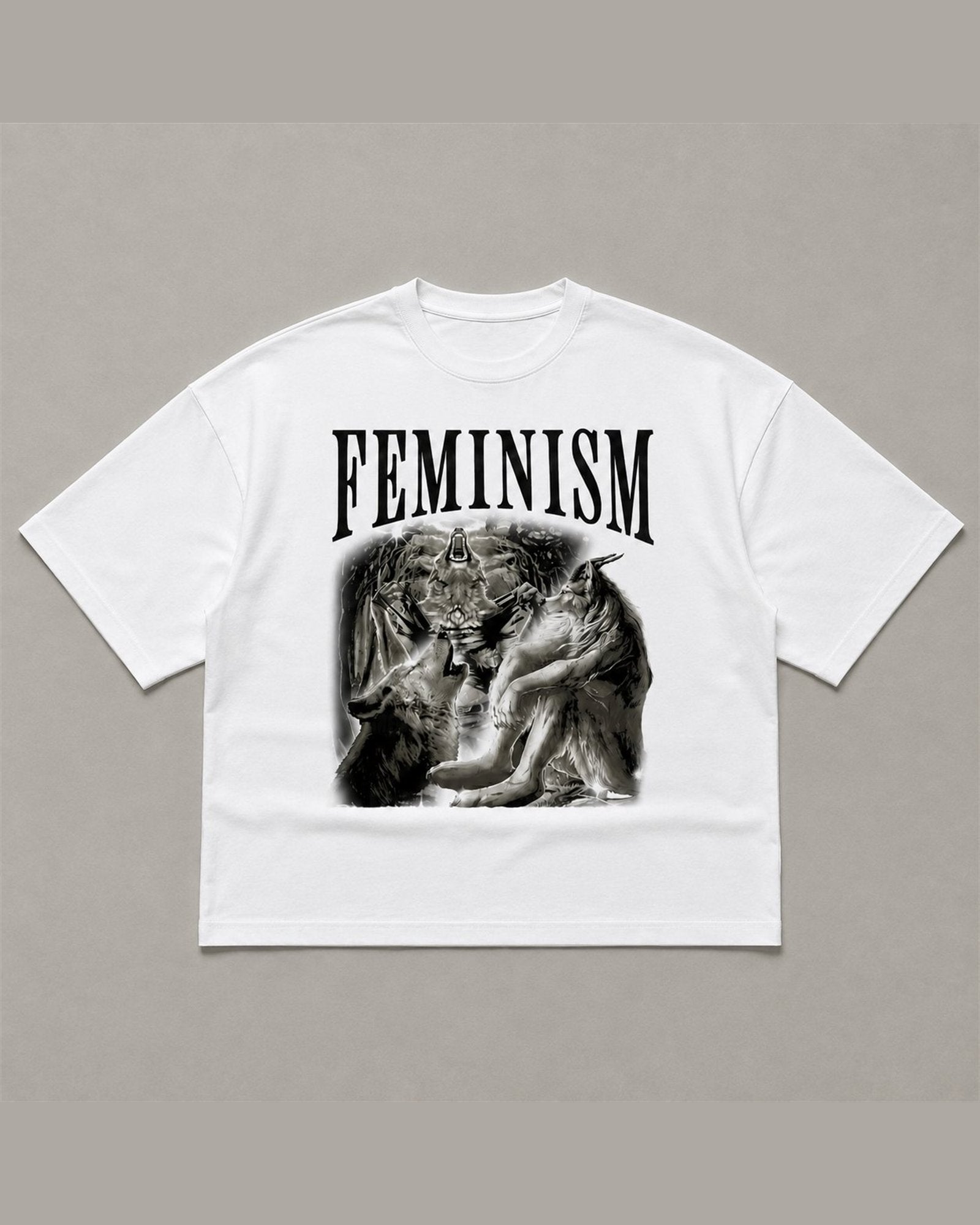 FEMINISM heavyweight tee laid flat in White
