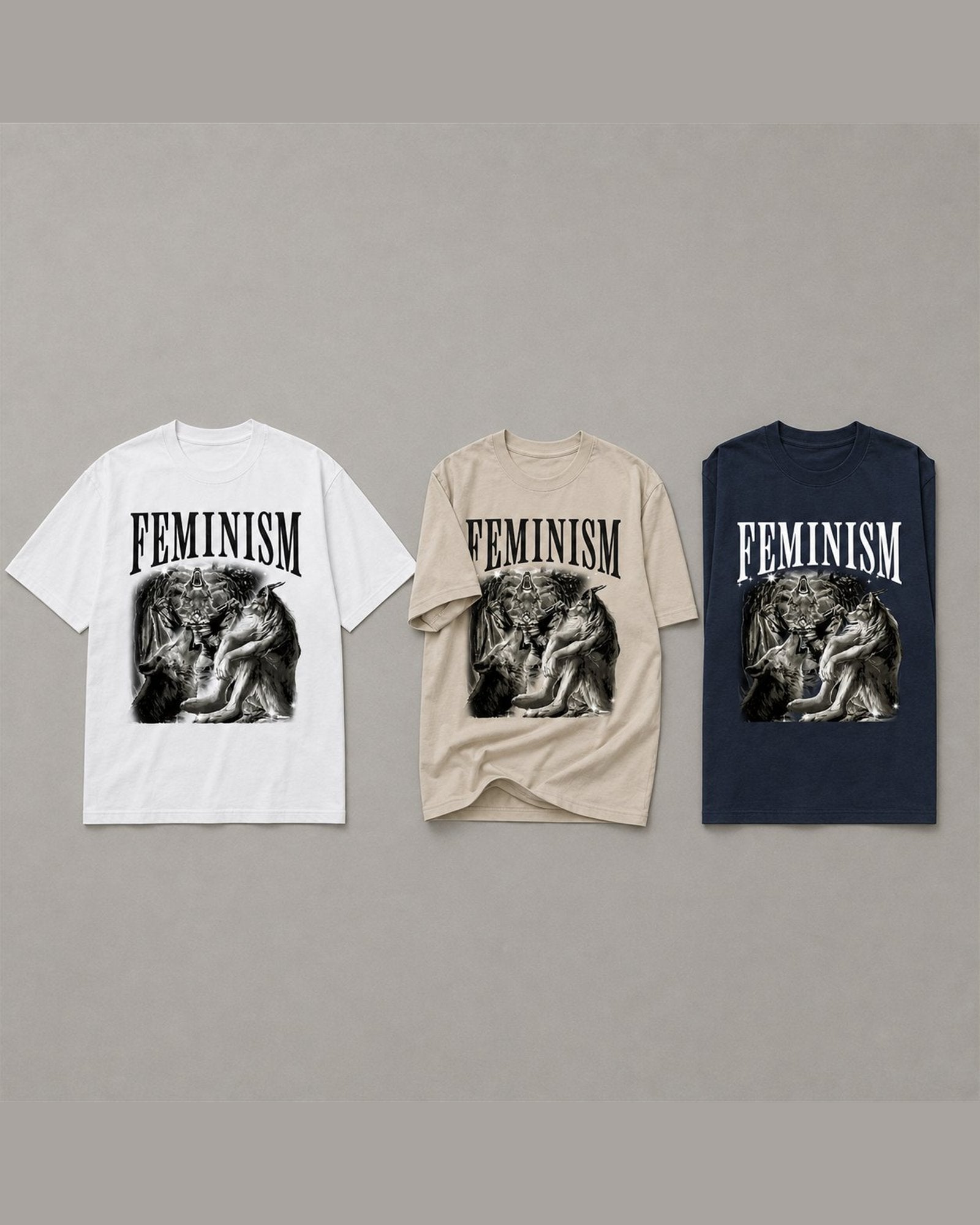 FEMINISM tee shown in White/Sand/Navy
